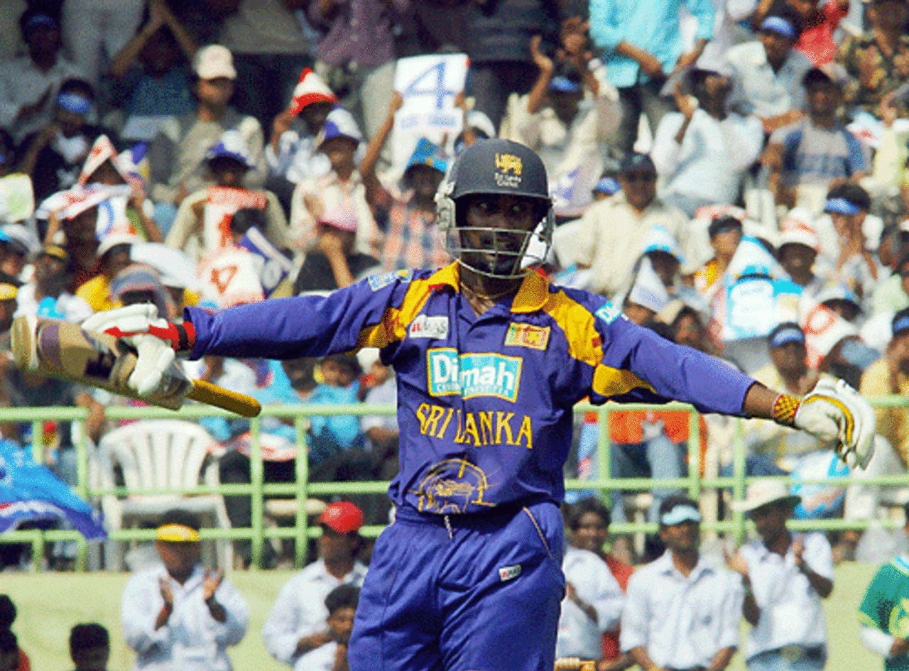 Chamara Silva celebrates his maiden one-day hundred. He was unbeaten on 107 off 107 balls, India v Sri Lanka, 4th ODI, February 17, 2007