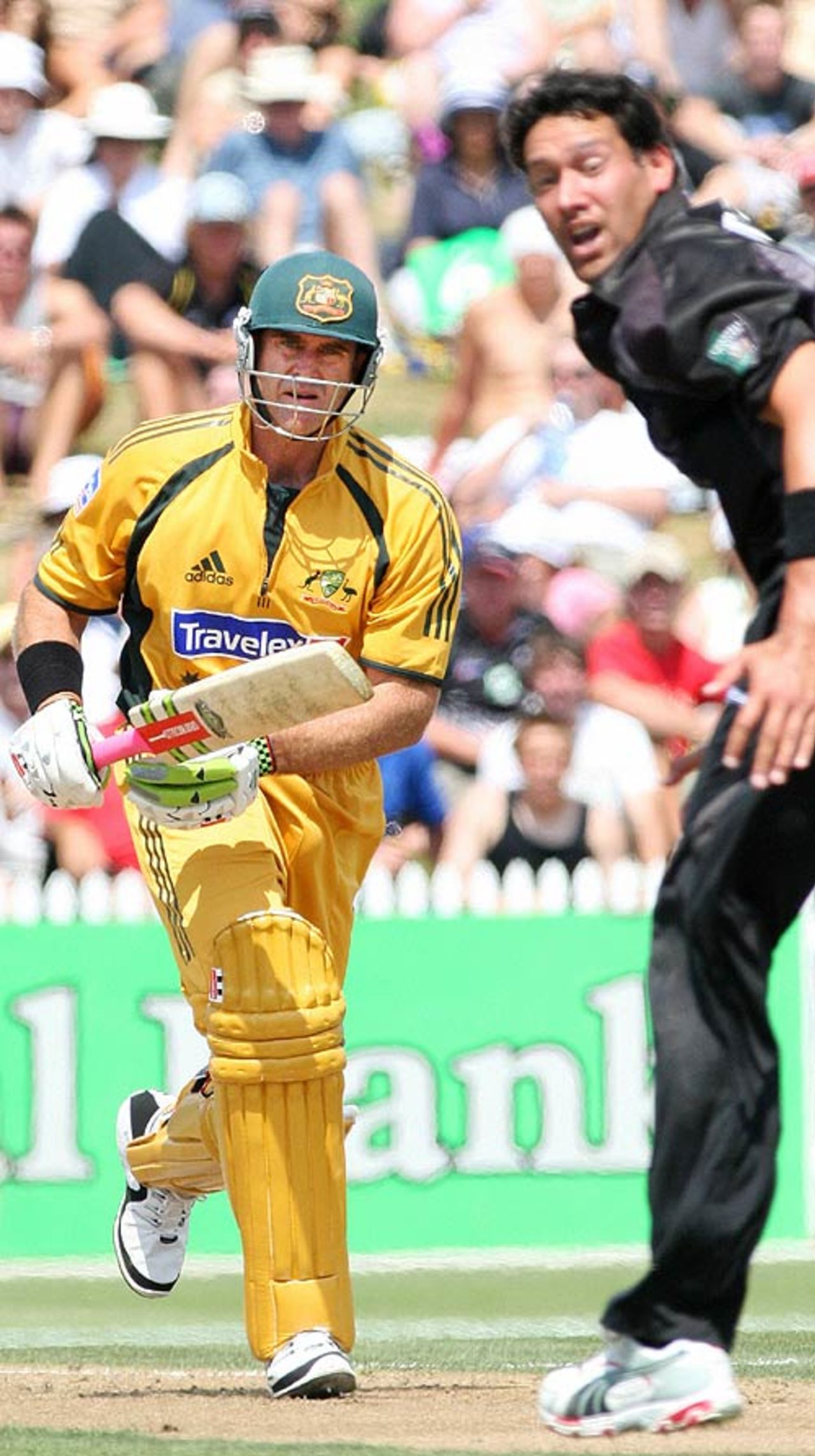 Matthew Hayden drives back past Daryl Tuffey, New Zealand v Australia, Chappell-Hadlee Trophy, 3rd match, Hamilton, February 20, 2007