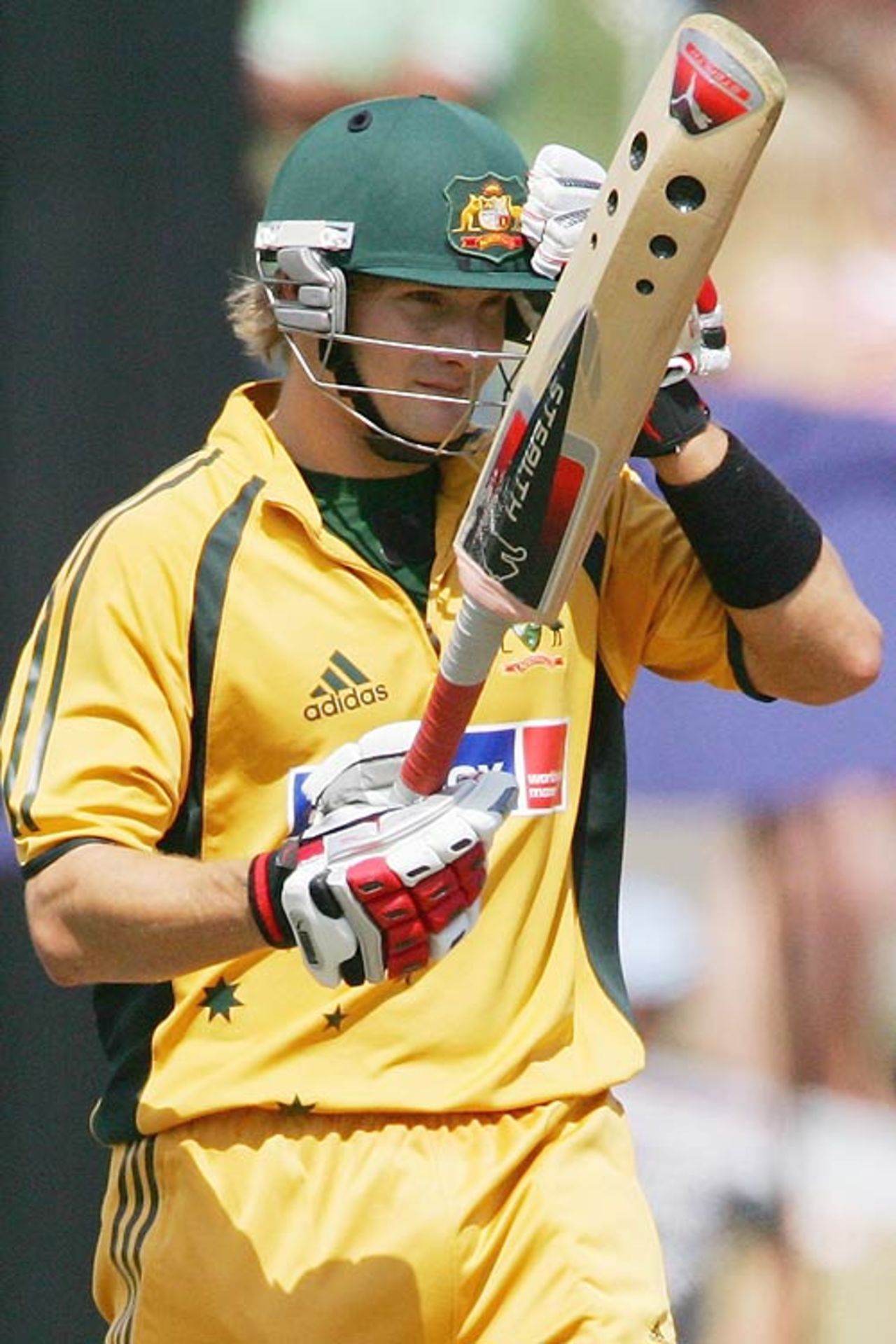 Shane Watson celebrates his half-century, New Zealand v Australia, Chappell-Hadlee Trophy, 3rd match, Hamilton, February 20, 2007