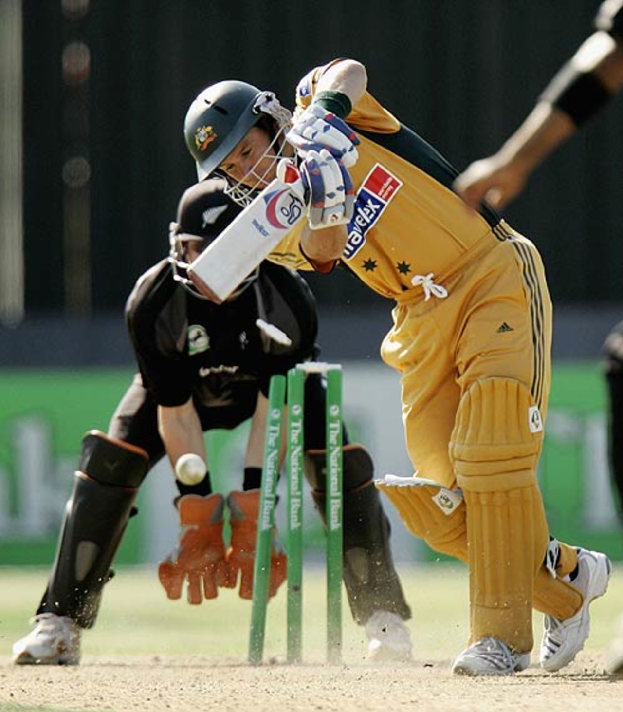 Brad Hodge is cleaned up by Jeetan Patel, New Zealand v Australia, Chappell-Hadlee Trophy, 3rd match, Hamilton, February 20, 2007