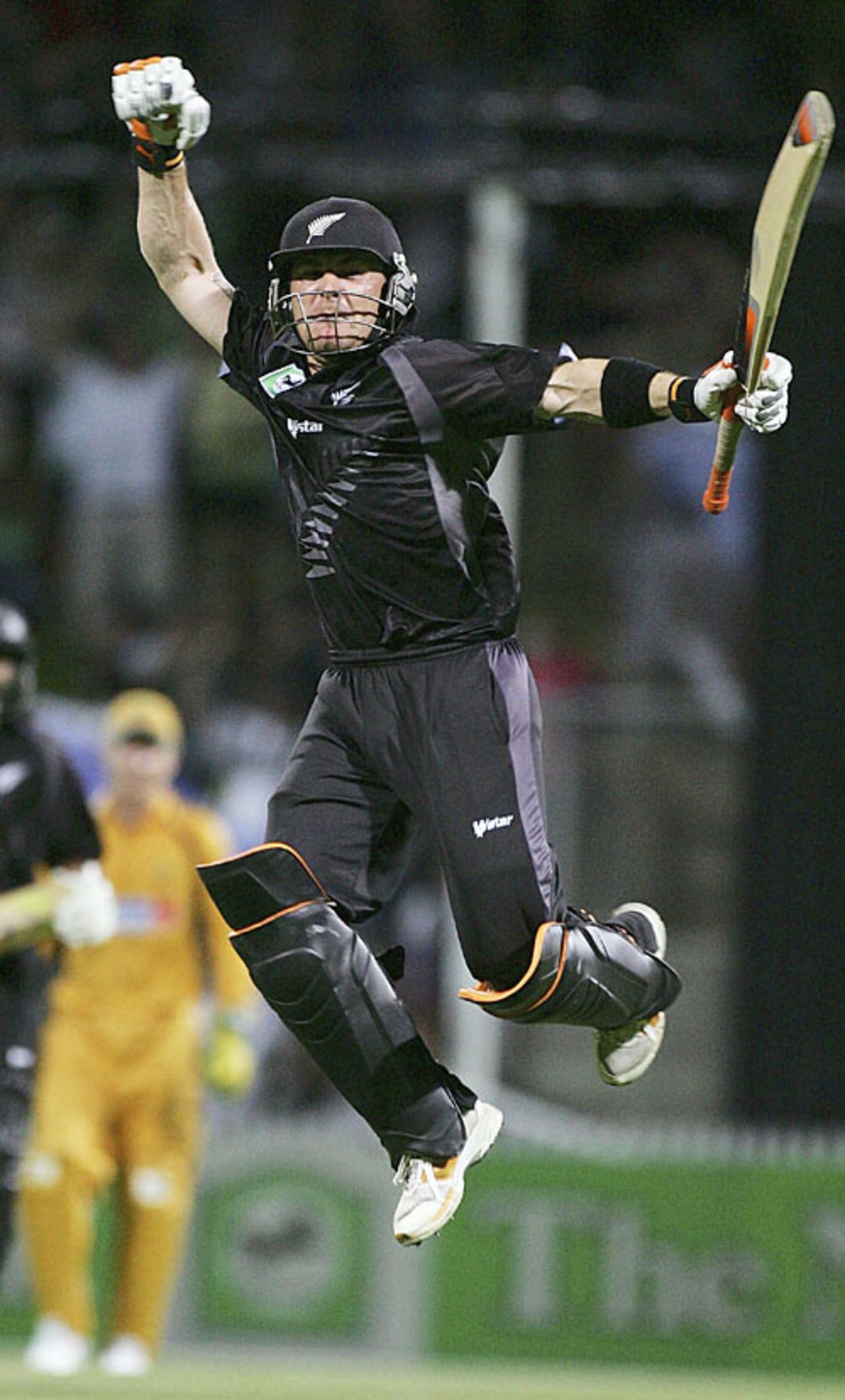 Brendon McCullum jumps in the air after leading New Zealand to a thrilling 3-0 whitewash over Australia, New Zealand v Australia, Chappell-Hadlee Trophy, 3rd match, Hamilton, February 20, 2007