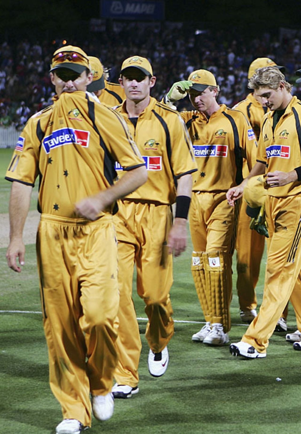 Brad Hogg and Michael Hussey lead a dejected Australia off the field after losing 3-0 to New Zealand, New Zealand v Australia, Chappell-Hadlee Trophy, 3rd match, Hamilton, February 20, 2007