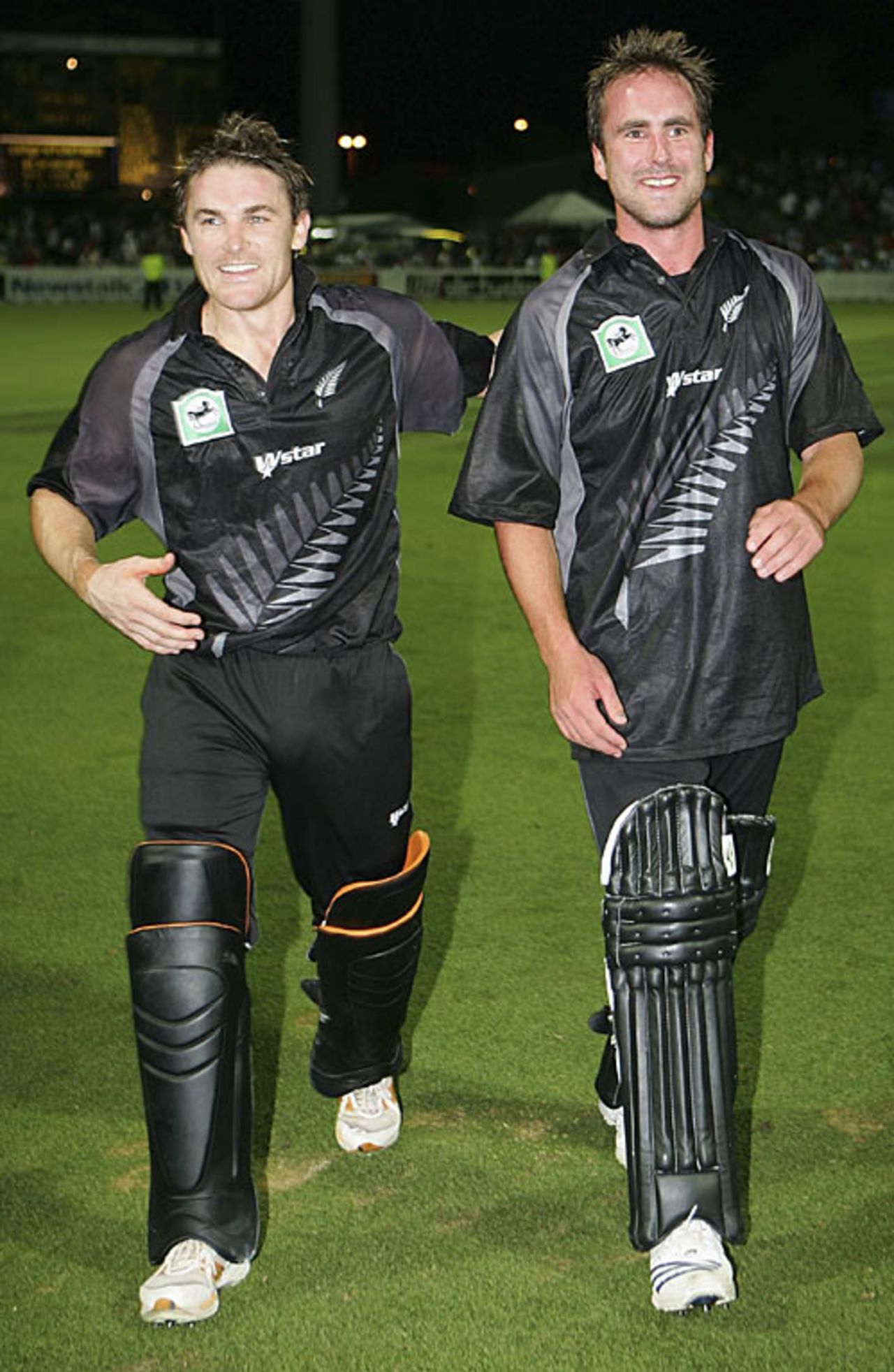Brendon McCullum and Mark Gillespie walk off, all smiles, after beating Australia 3-0, New Zealand v Australia, Chappell-Hadlee Trophy, 3rd match, Hamilton, February 20, 2007