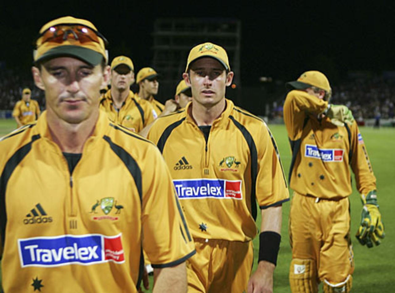 Michael Hussey (middle) leads a dejected Australia off the field after losing 3-0 to New Zealand, New Zealand v Australia, Chappell-Hadlee Trophy, 3rd match, Hamilton, February 20, 2007