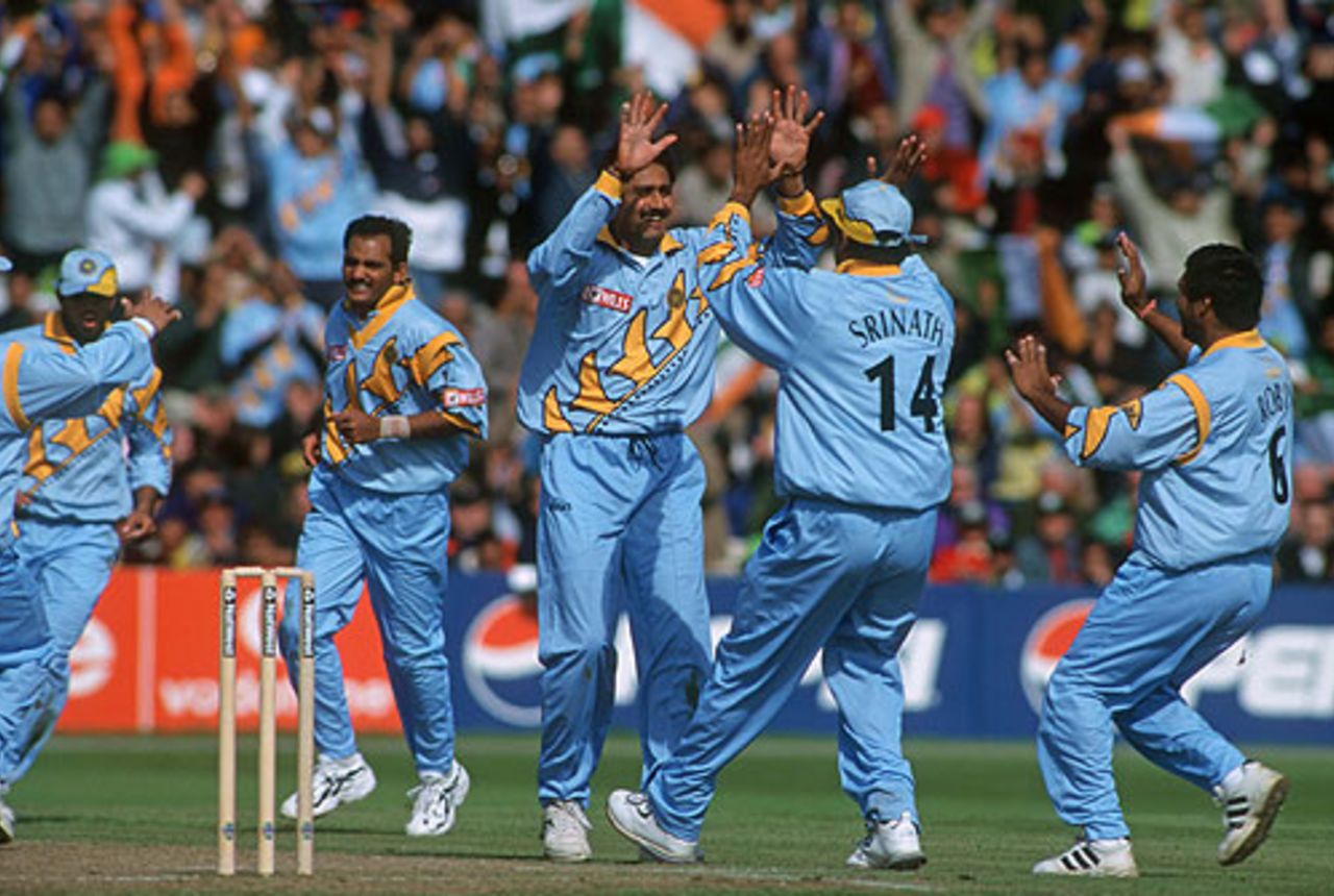 Anil Kumble celebrates a wicket, 4th Super Six match: India v Pakistan, World Cup, Old Trafford, June 8, 1999