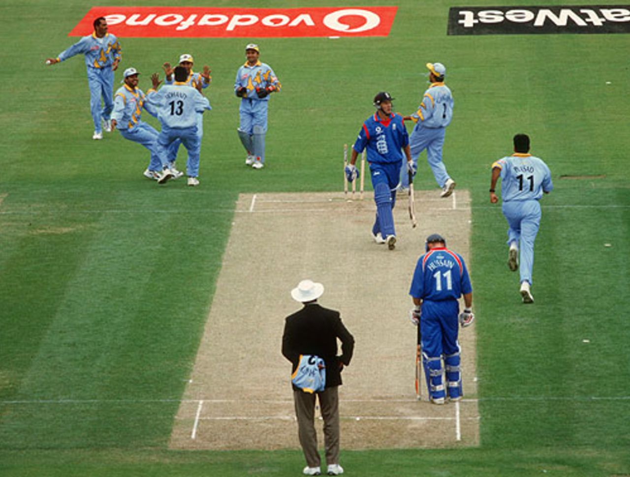 Debasis Mohanty celebrates bowling Graeme Hick first ball, 25th match: India v Pakistan, World Cup, Birmingham, May 30, 1999