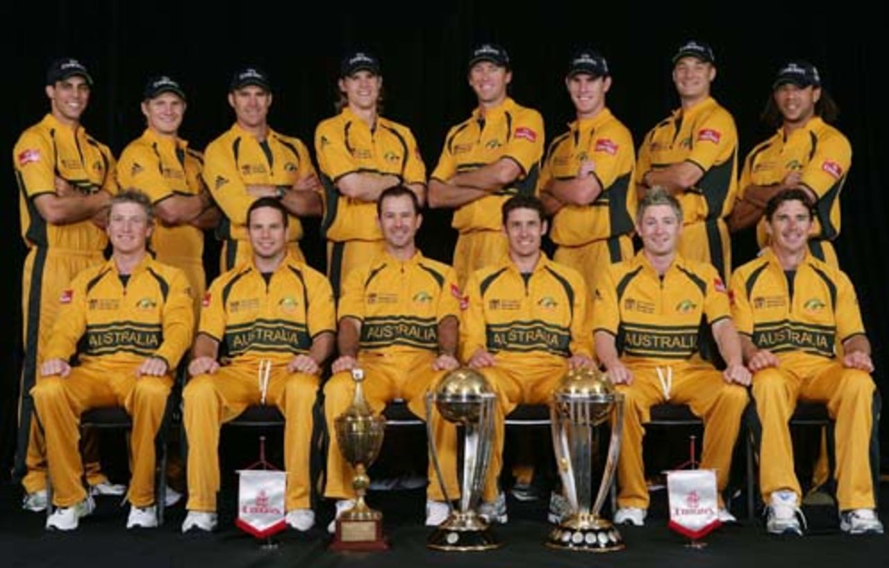 The Australian team pose with the 1987, 1999 and 2003 World Cup Trophies during the Australian Cricket team World Cup portrait session at The Hilton Hotel February 27, 2007 in Sydney, Australia.