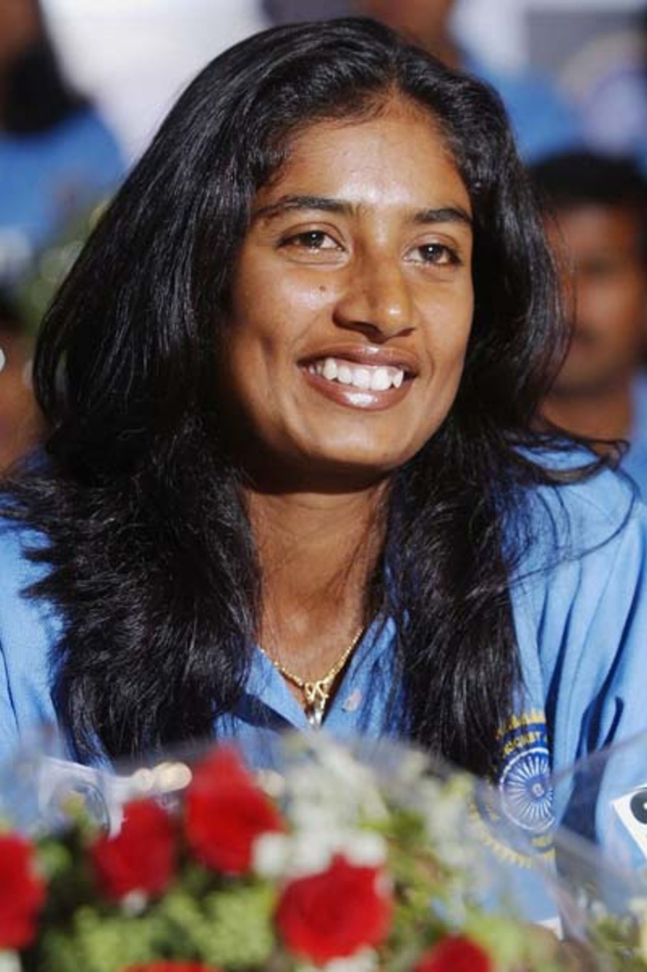 Indian women's cricket captain Mithali Raj smiles at a felicitation function in Bombay, for the team's performance in the recent Women's World Cup finals held in South Africa, 13 April 2005. The Indian team, which reached the finals for the first time, lost to reigning world champions Australia.
