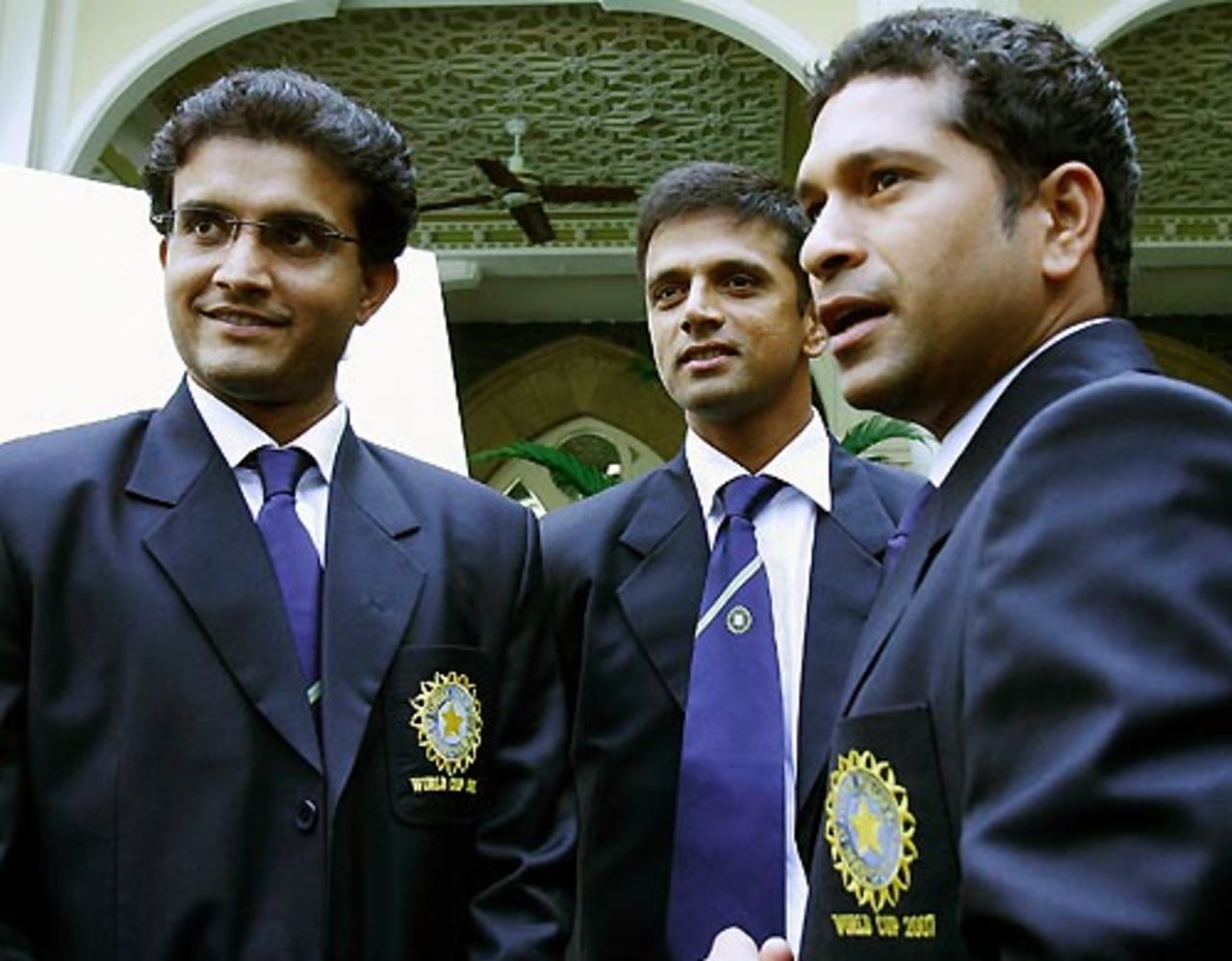 Sourav Ganguly, Rahul Dravid and Sachin Tendulkar pose for photos prior to their departure for the ICC World Cup 2007, Mumbai, February 28, 2007