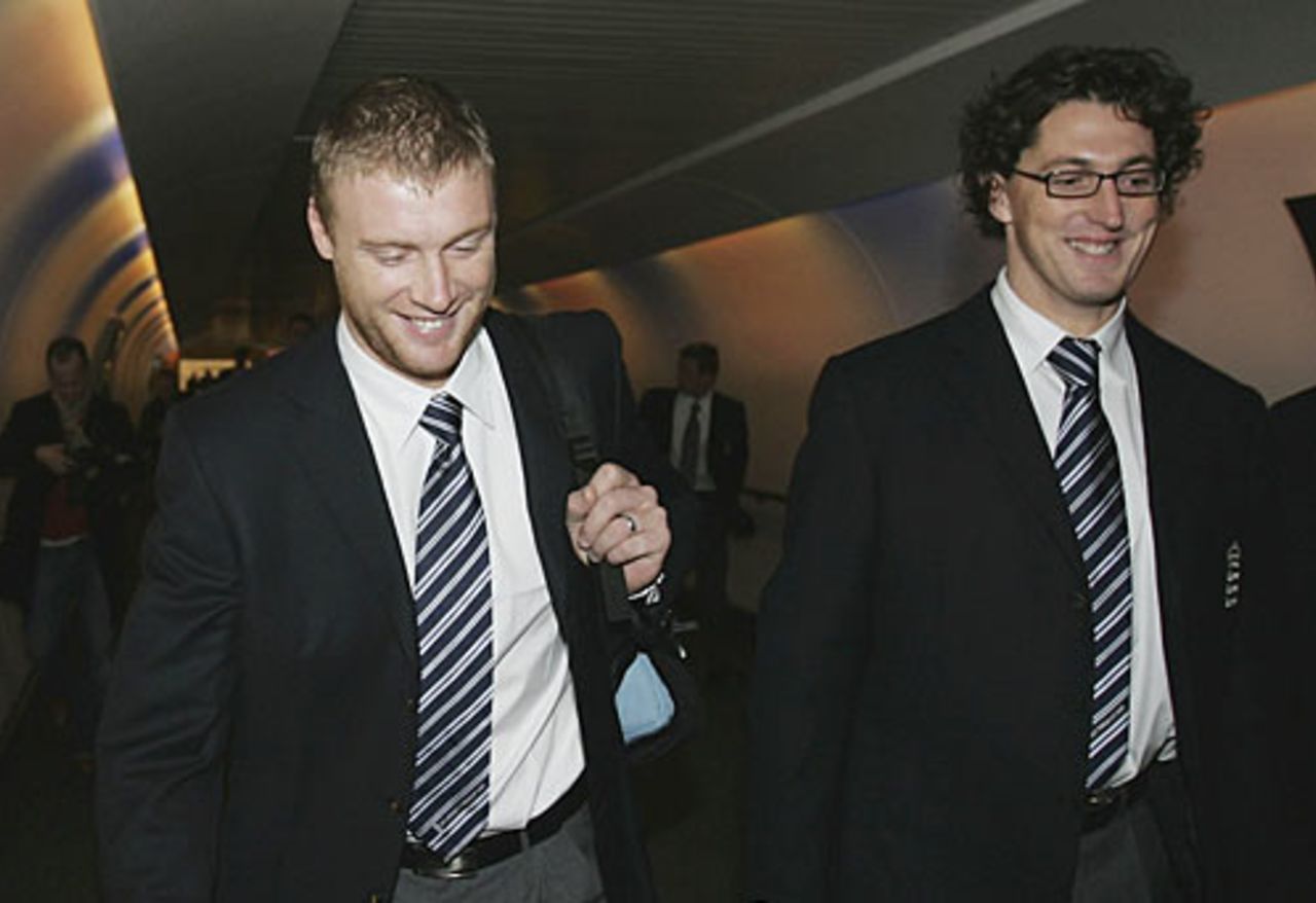 Andrew Flintoff and Jon Lewis set off for West Indies, Gatwick, March 2, 2007