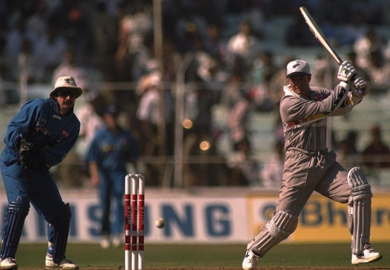 Nathan Astle cuts during his century, New Zealand v England, 1st match, Ahmedabad, February 14, 1996
