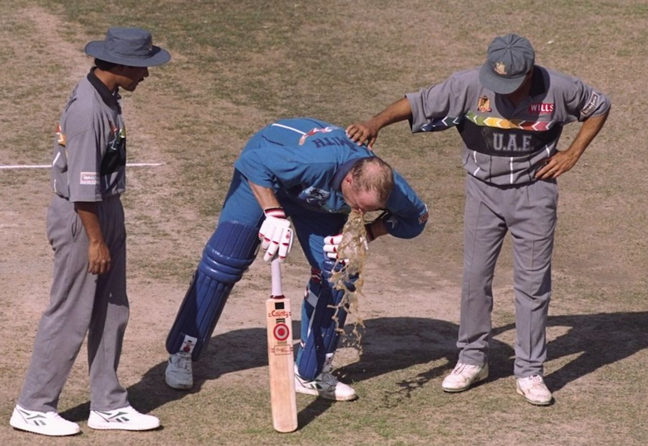 Neil Smith throws up during his innings, England v UAE, Peshawar, February 18, 1996