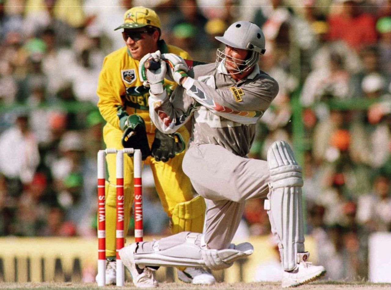Chris Harris sweeps on the way to his highest ODI score, Australia v New Zealand, World Cup quarter-final, Chennai, March 1996