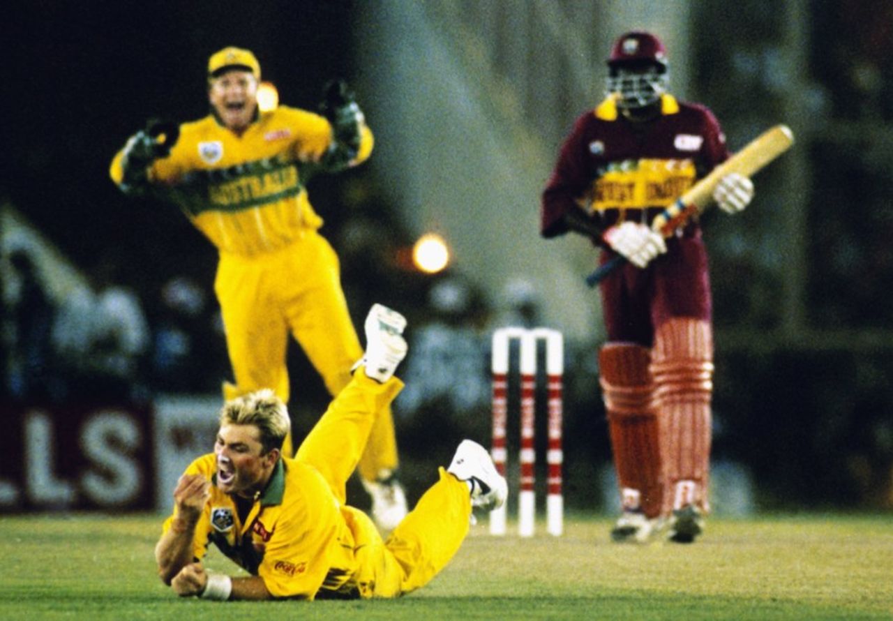Courtney Browne is caught and bowled by Shane Warne, Australia v West Indies, 2nd semi-final, Mohali, March, 1996