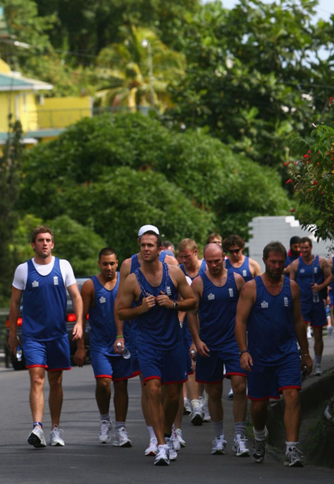 Michael Vaughan leads his team to the gym, Kingstown, St Vincent, March 3, 2007