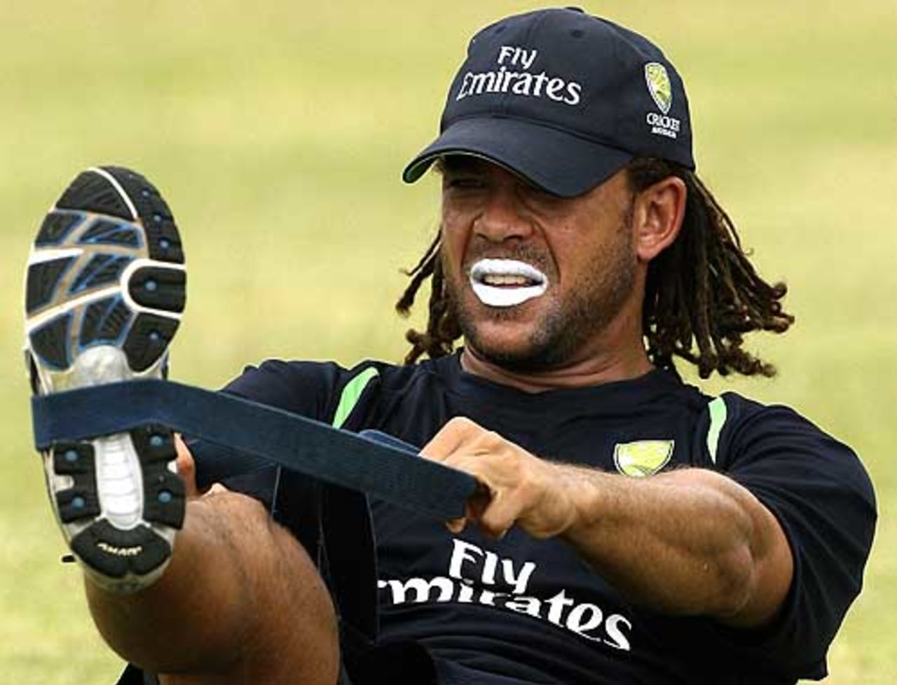 Andrew Symonds of Australia stretches during training at Stubbs Cricket Ground, St Vincent, March 4, 2007