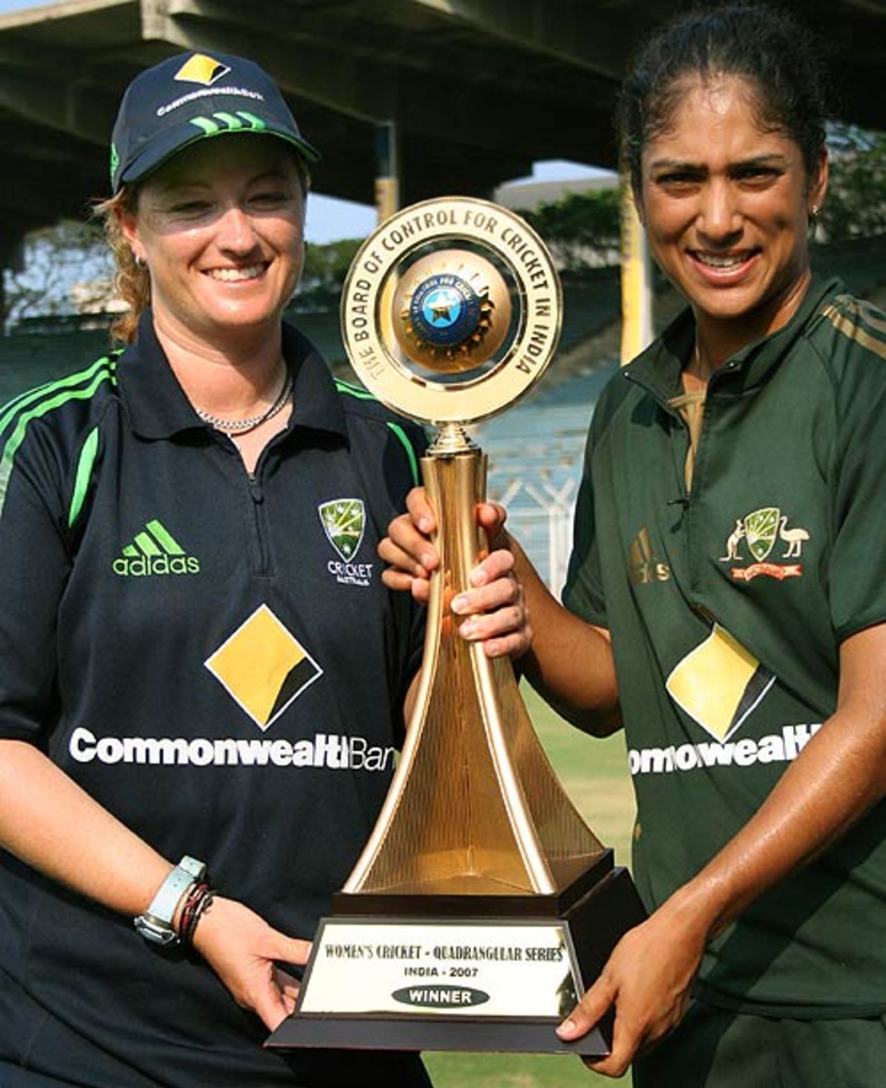 Karen Rolton, Australia's captain, and Lisa Sthalaker, the Player of the Tournament, pose with the trophy, Australia v New Zealand, Final, Quadrangular Series, Chennai, March 5, 2007
