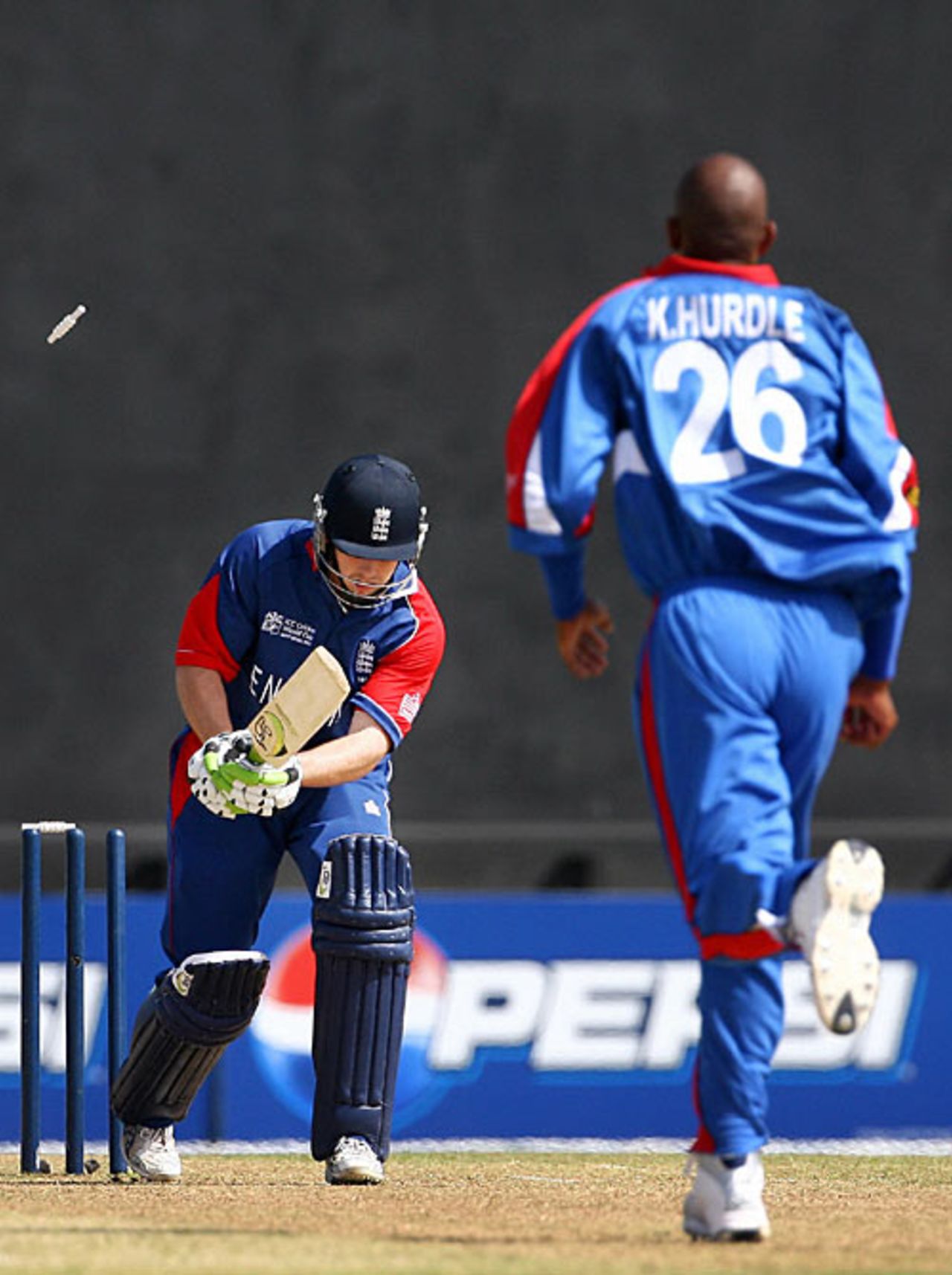 Ed Joyce is bowled by Kevin Hurdle, England v Bermuda, World Cup warm-up, Arnos Vale, March 5, 2007