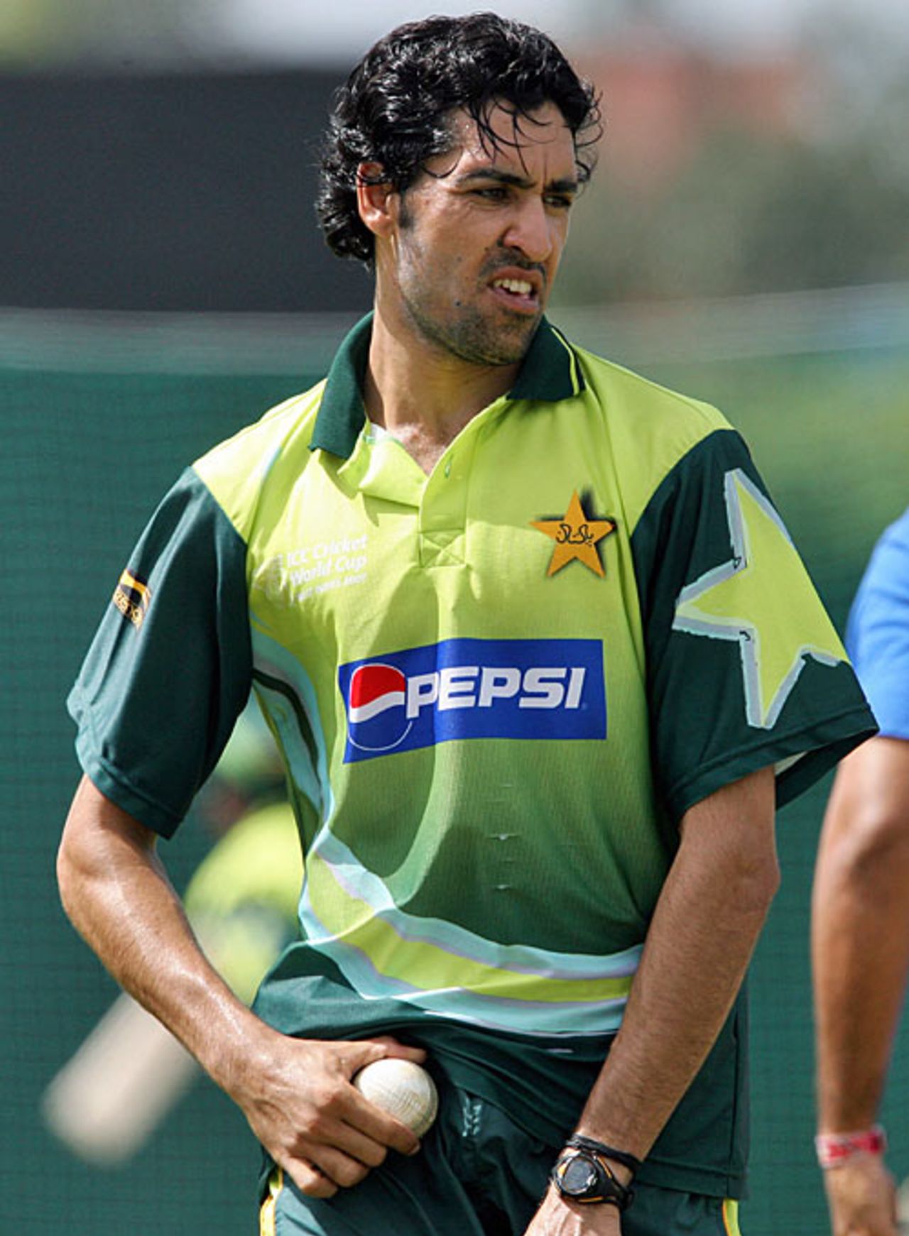 Umar Gul prepares to deliver a ball during a practice session, 2007 World Cup, Port-of-Spain, March 5, 2007