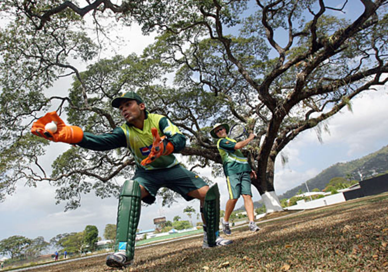 Kamran Akmal takes a catch during a practice session, 2007 World Cup, Port-of-Spain, March 5, 2007