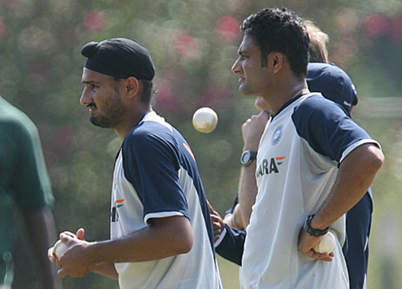 Harbhajan Singh and Anil Kumble warm up in the nets, Montego Bay, March 5, 2007