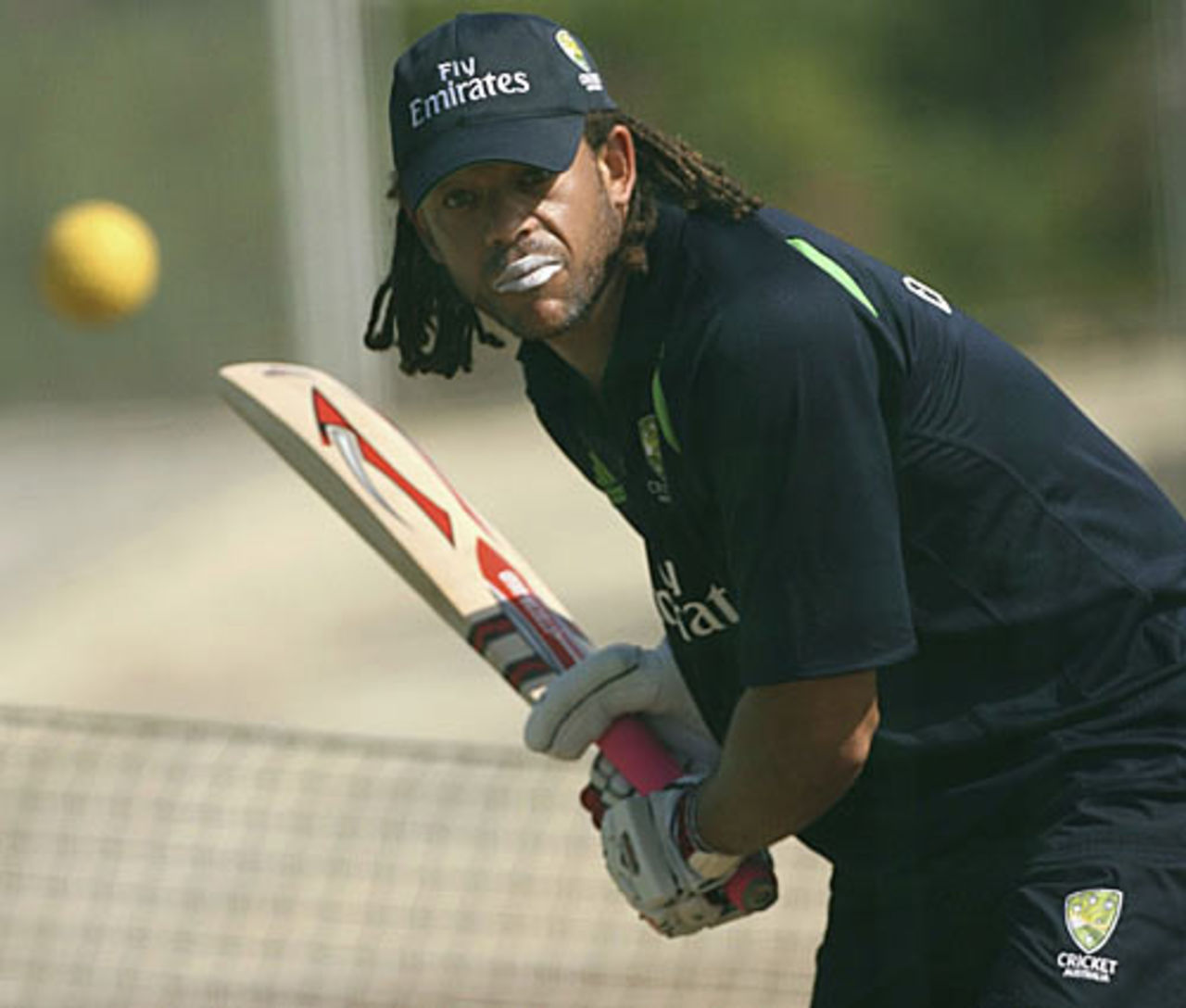 Andrew Symonds focuses his concentration during a net session, Stubbs Cricket Ground, St Vincent, March 5, 2007