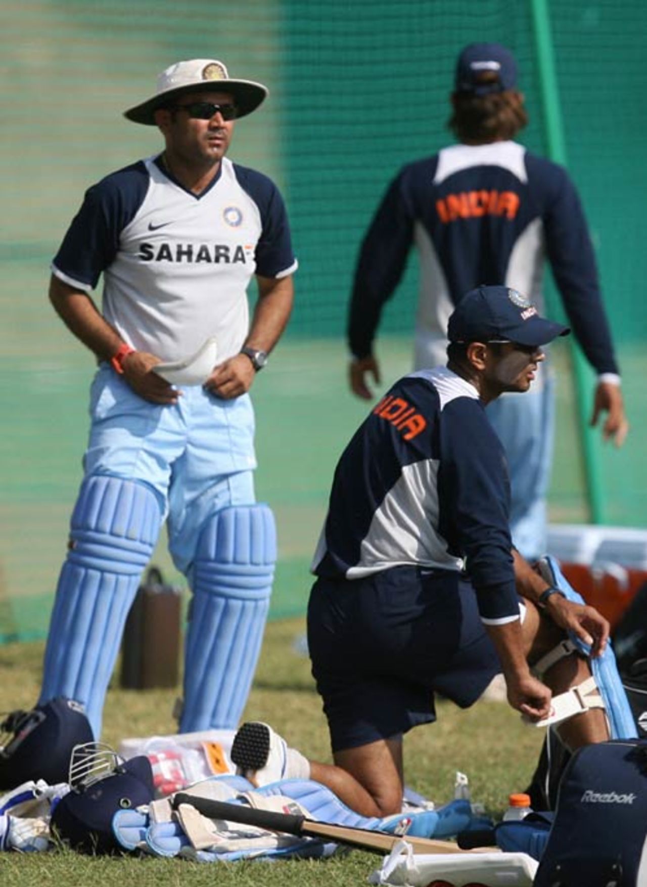 Rahul Dravid and Virender Sehwag get ready for net practice during training session in St. Ann, Montego Bay, March 5, 2007