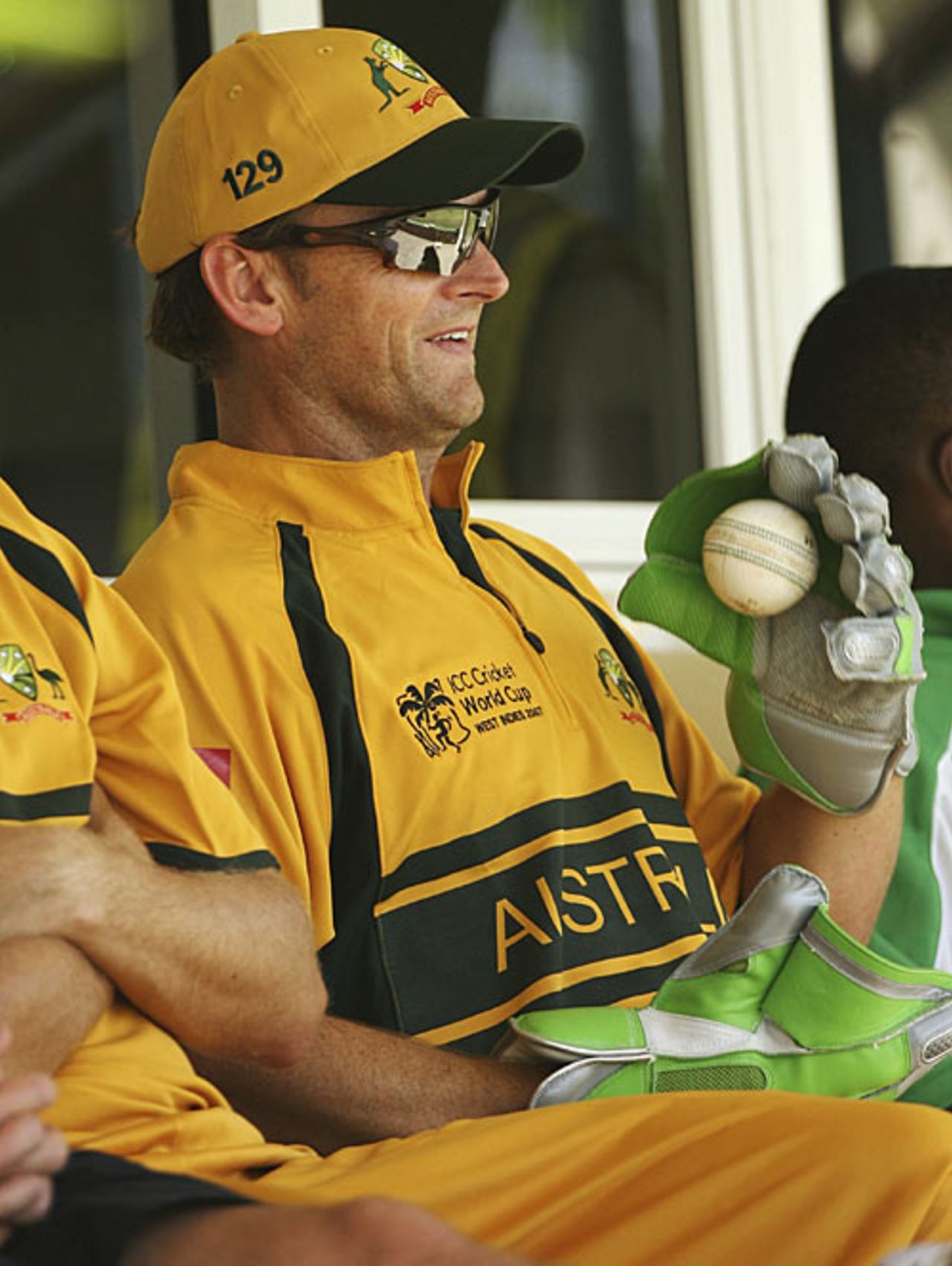Adam Gilchrist watches proceedings from the changing room, Australia v Zimbabwe, World Cup warm up, Arnos Vale Complex, Kingstown, St Vincent, March 6, 2007