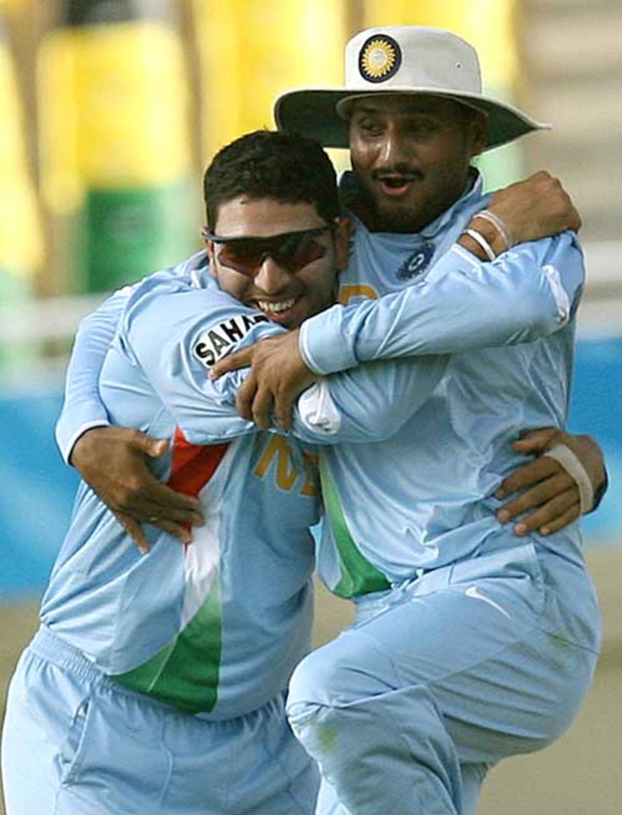 Yuvraj Singh and Harbhajan celebrate the fall of the Netherlands innings, India v Netherlands, Trelawny, Jamaica, March 6, 2007
