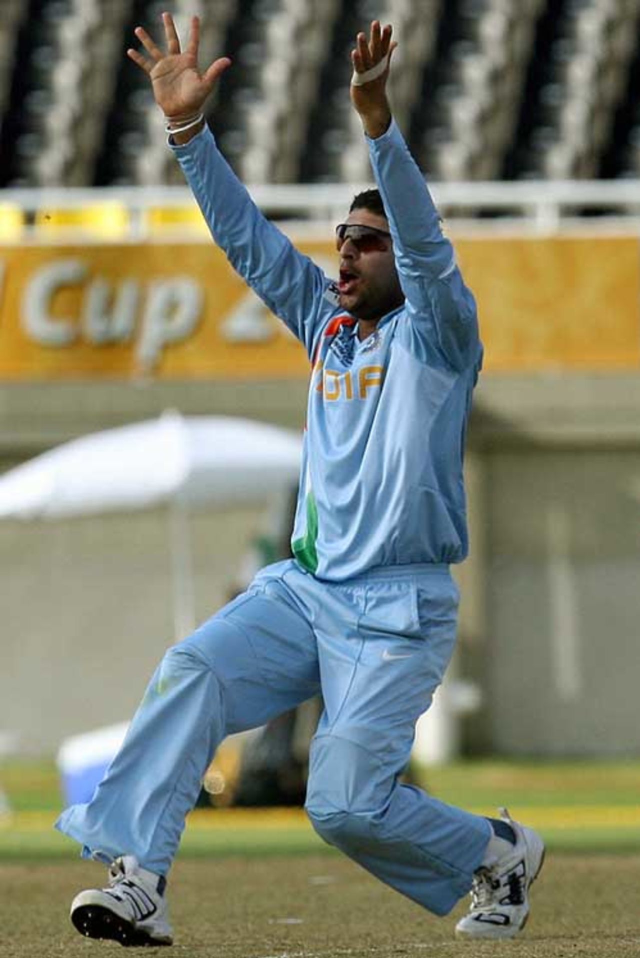 Yuvraj Singh celebrates the fall of Smits wicket and the  Netherlands innings, Trelawny, Jamaica, March 6, 2007