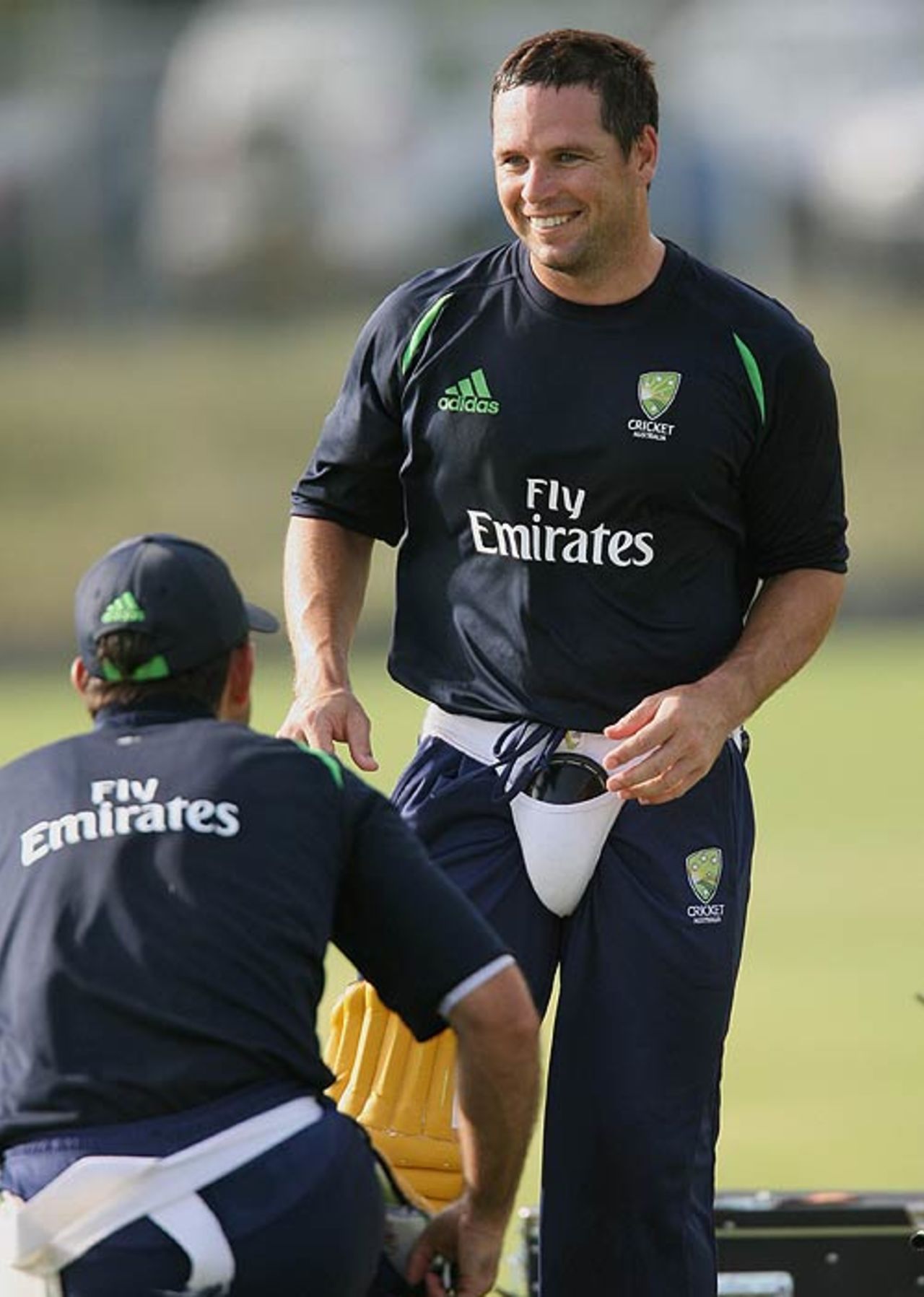 Brad Hodge pads up for his turn to bat at Australia's practice session, Kingstown, St Vincent, March 7, 2007