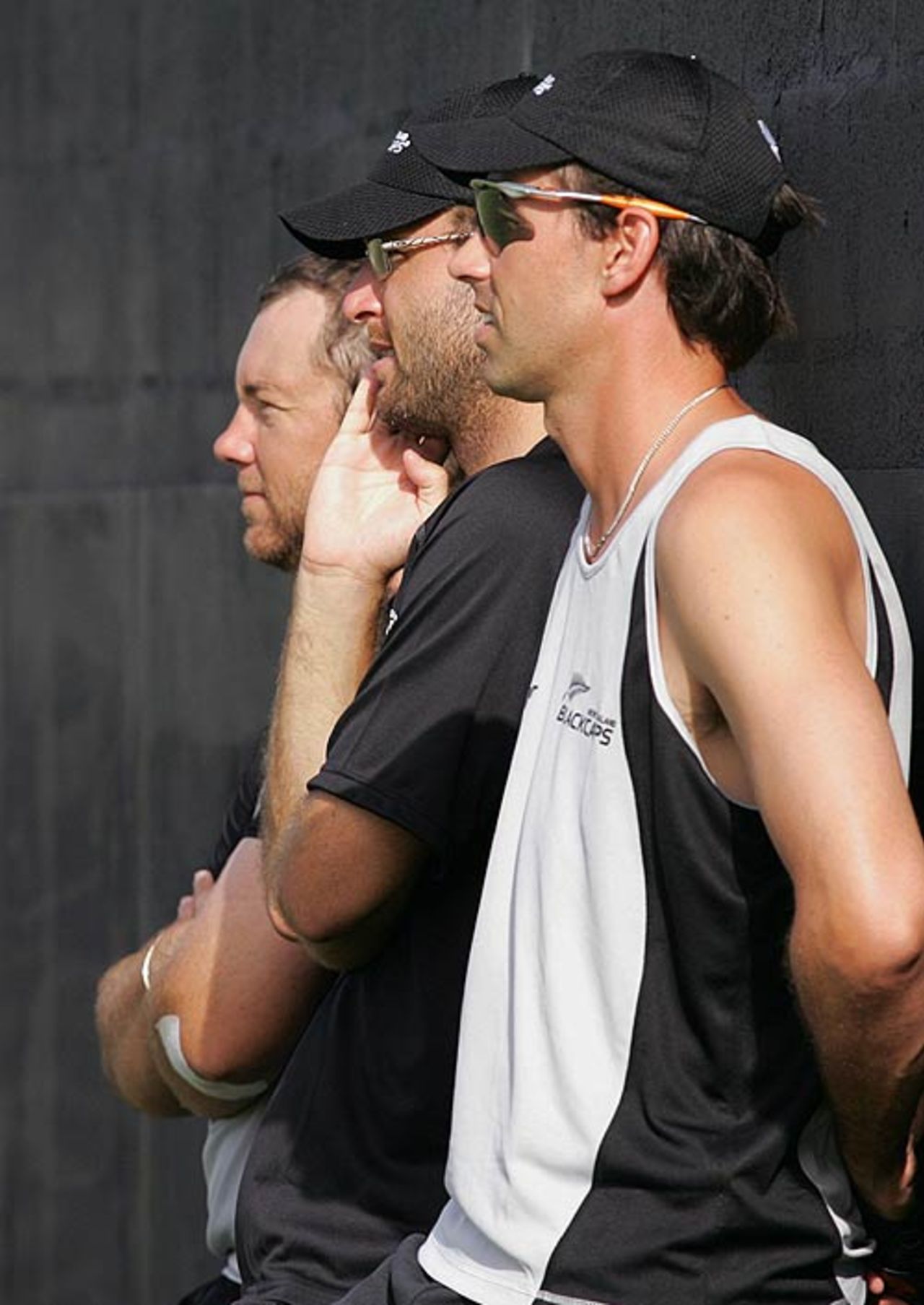 Craig McMillan, Daniel Vettori and Stephen Fleming watch on at training, Bridgetown, Barbados, March 7, 2007