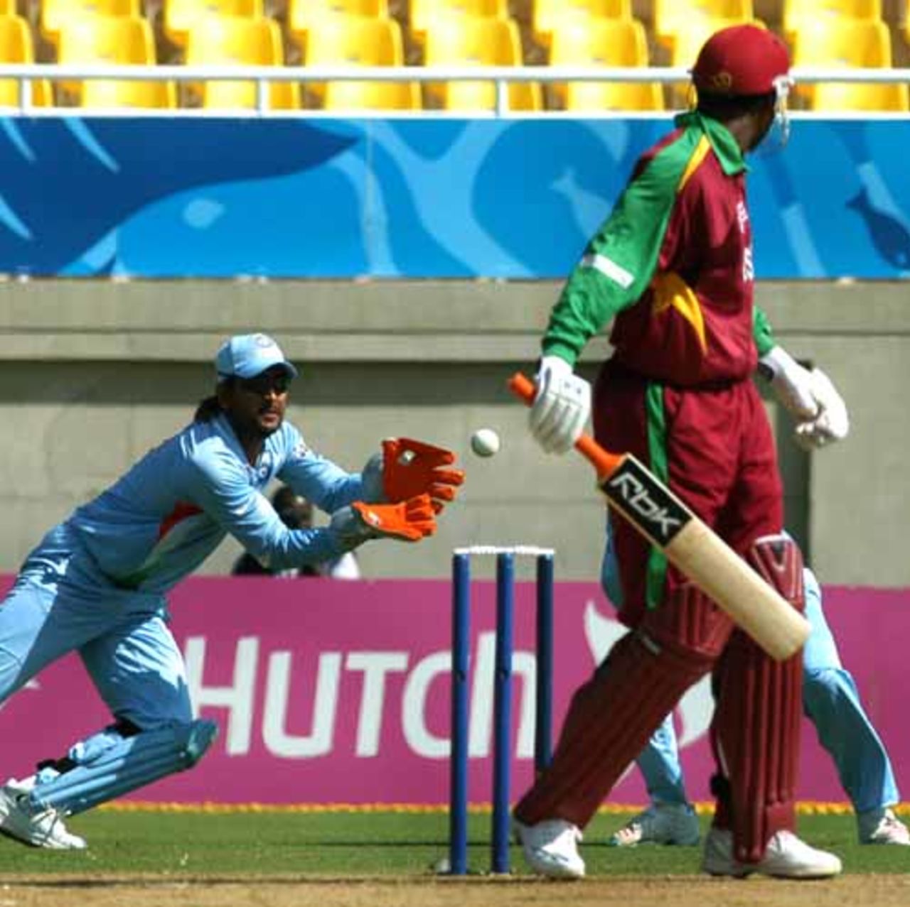 Mahendra Singh Dhoni snapped up a smart catch off Ajit Agarkar to send Chris Gayle packing, India v West Indies, Trelawny, Jamaica, World Cup warm up match, March 9, 2007