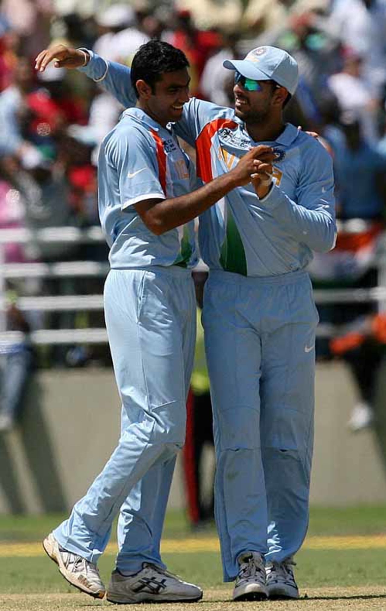 Munaf Patel, the pick of India's bowlers on the day, is congratulated by Yuvraj Singh, India v West Indies, World Cup warm up, Trelawny, Jamaica, March 9, 2007