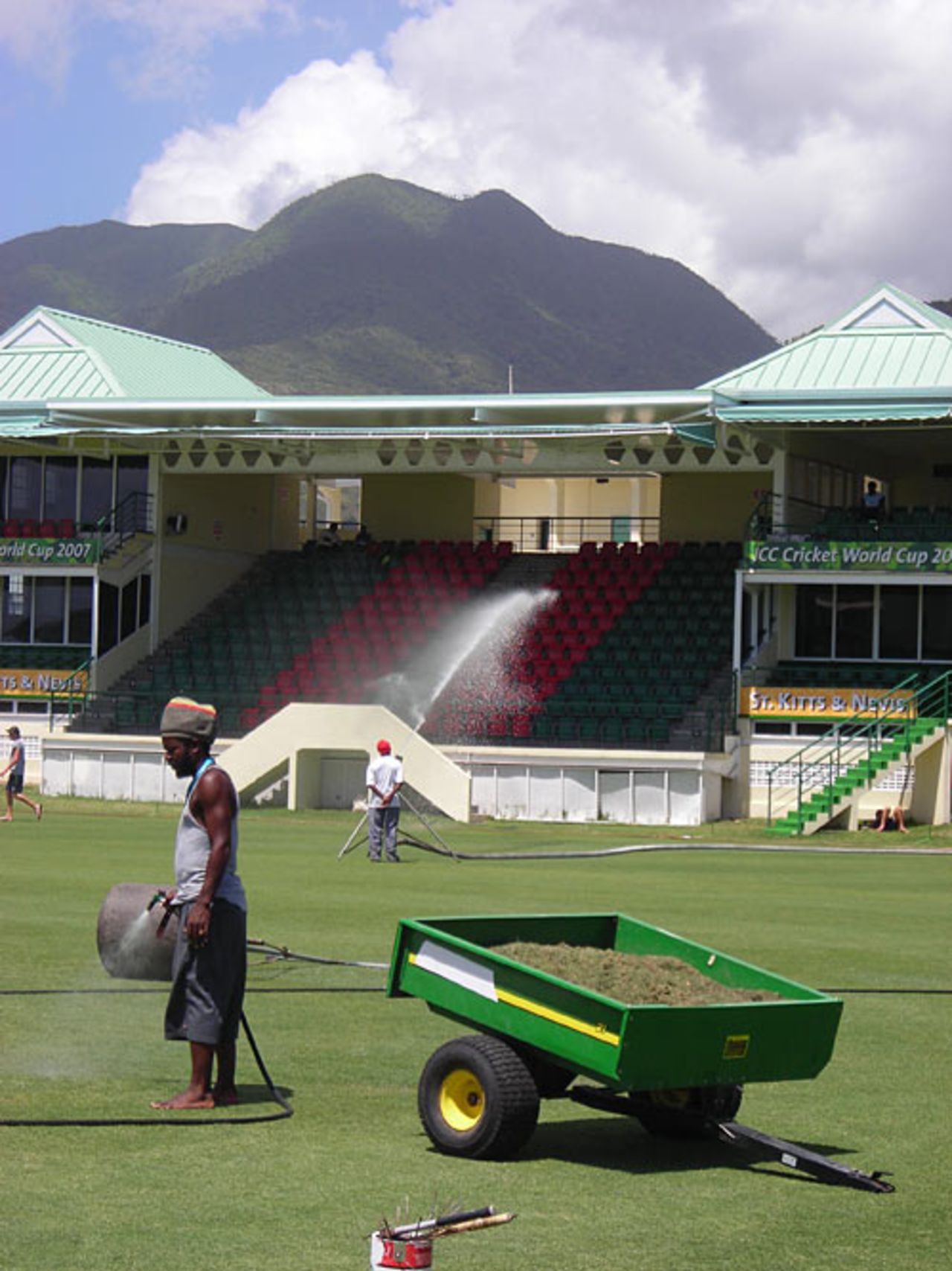 Ground staff water the outfield at Warner Park, 2007 World Cup, Basseterre, St Kitts, March 11, 2007