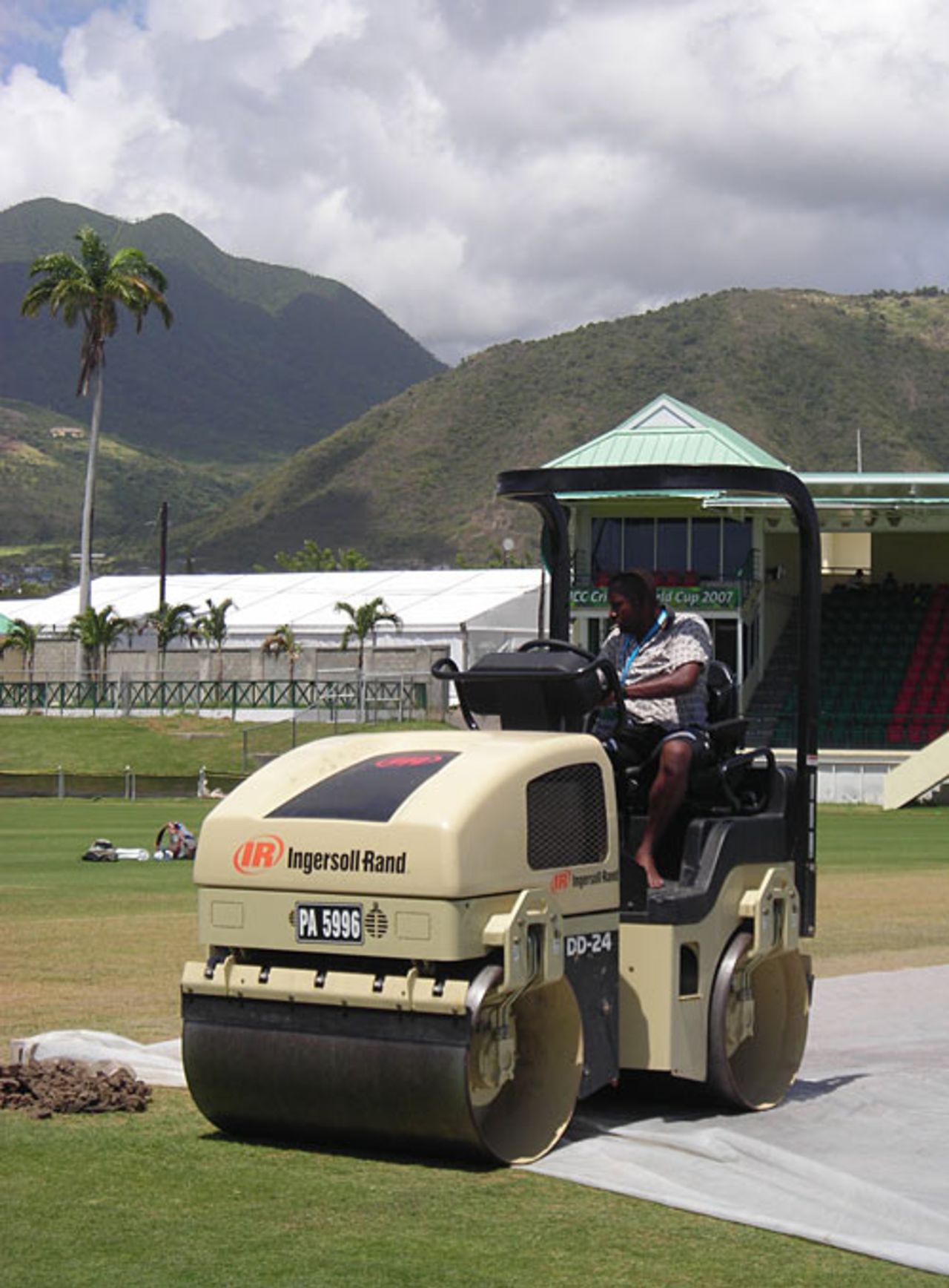 The big roller gets to work on the pitch at Warner Park, 2007 World Cup, Basseterre, St Kitts, March 11, 2007