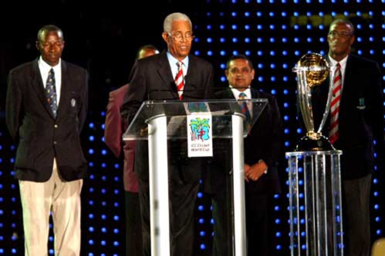 Sir Garfield Sobers declares the 2007 World Cup open along with ICC president Percy Sonn, international umpire Steve Bucknor and World Cup chairman Kenneth Gordon 