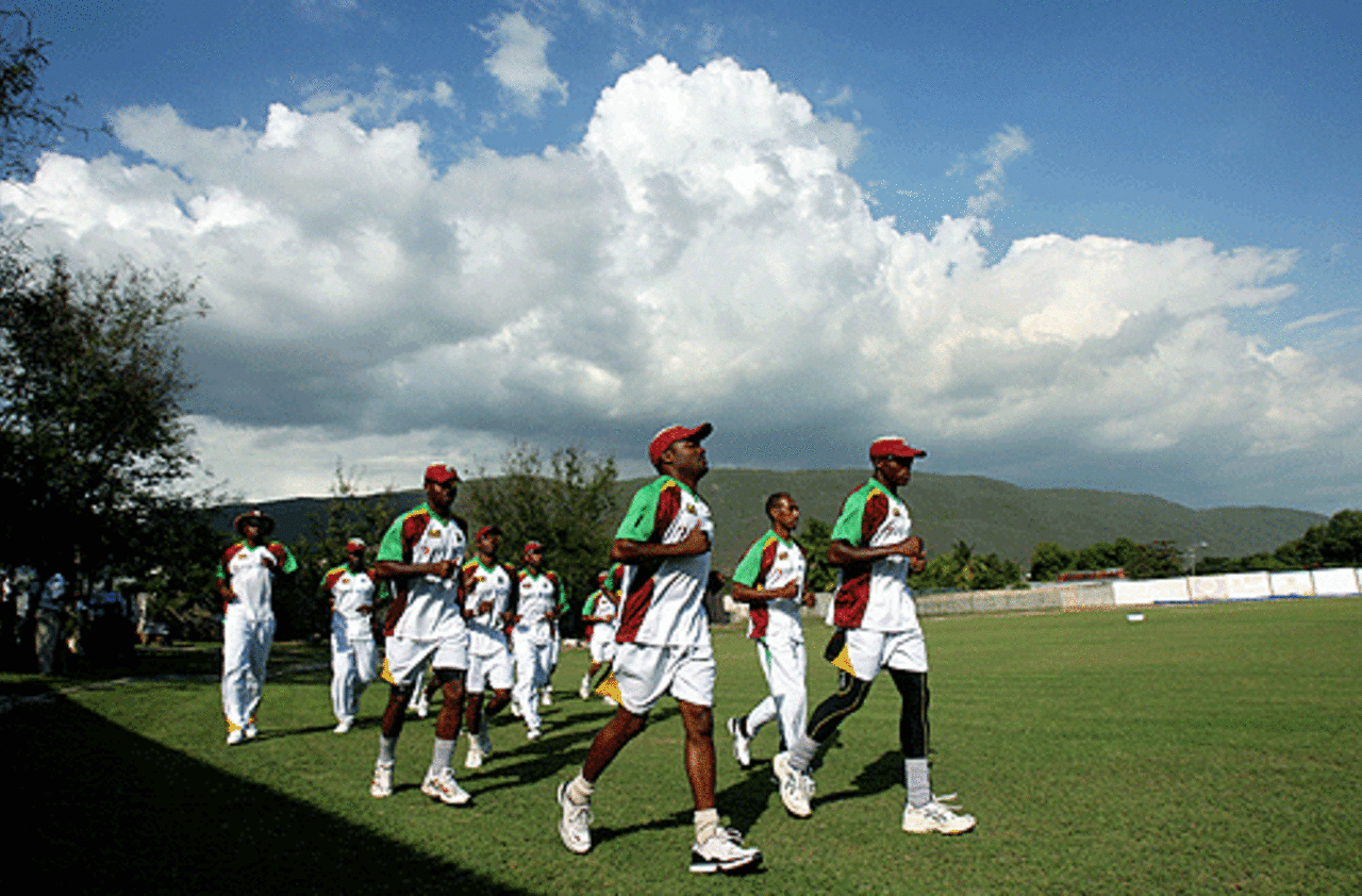 Brian Lara leads the West Indies players for a jog around Sabina Park ahead of the opening match of the World Cup between West Indies and Pakistan, Kingston, March 12, 2007