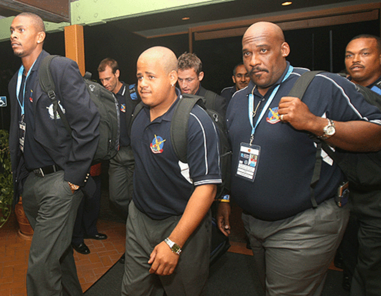Dwayne Leverock, Bermuda left-arm orthodox bowler, (extreme right) arrives at the Hilton with his team-mates, Port-of-Spain, Trinidad & Tobago, March 12, 2007