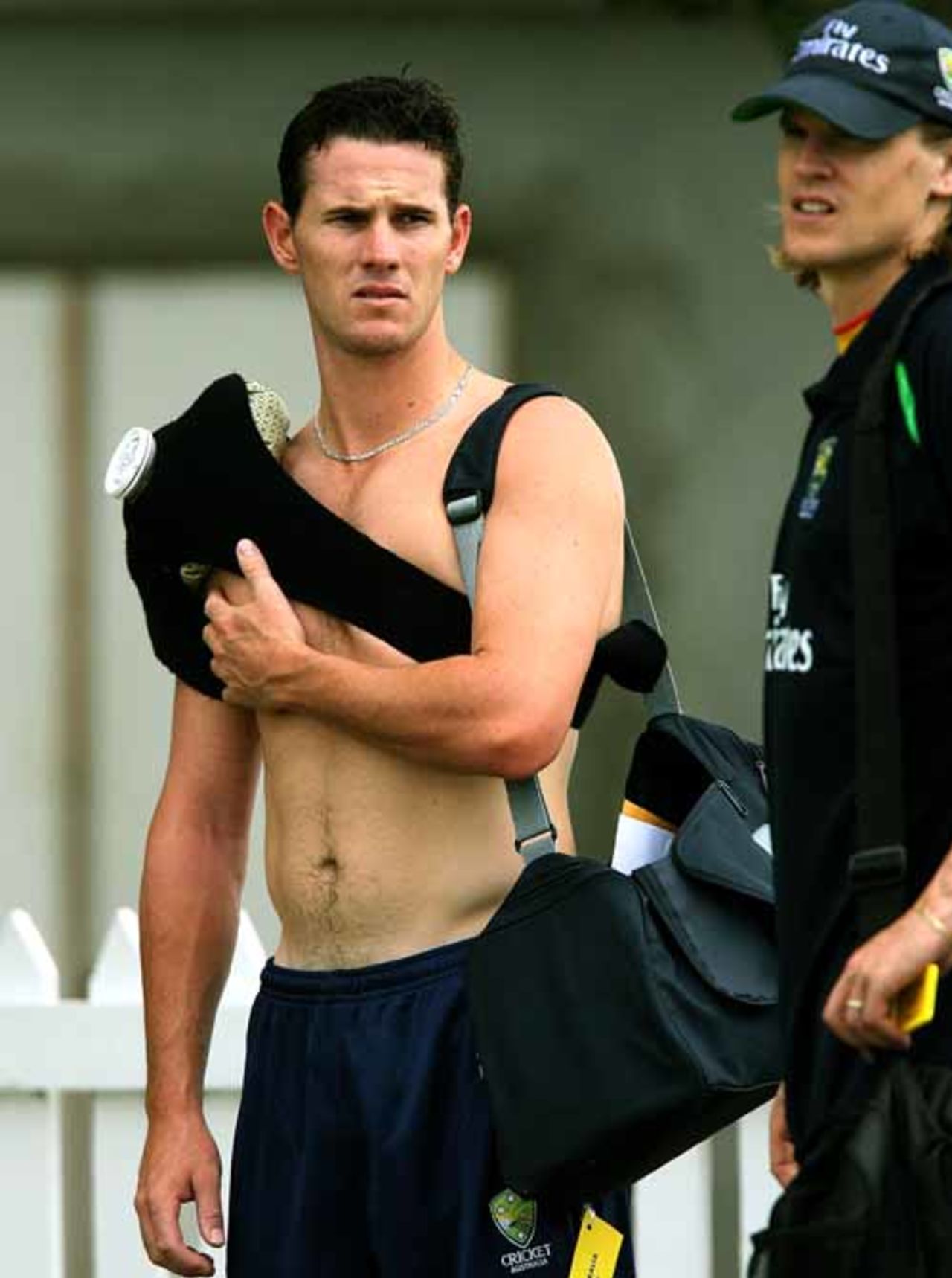 Shaun Tait nurses his shoulder with an ice pack, St Kitts, March 13, 2007