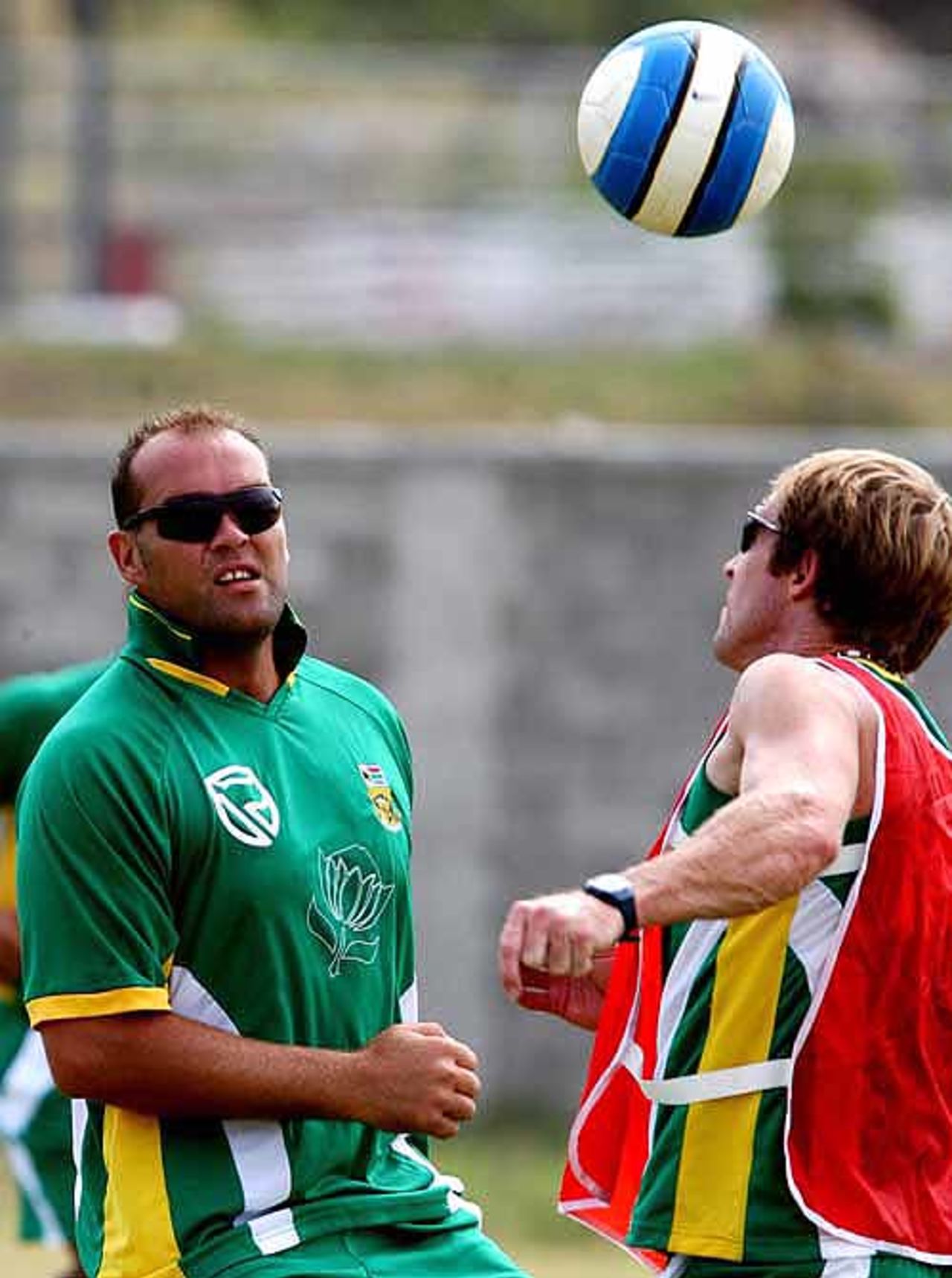 Jacques Kallis and Jonty Rhodes play around with a football, St Kitts, March 13, 2007