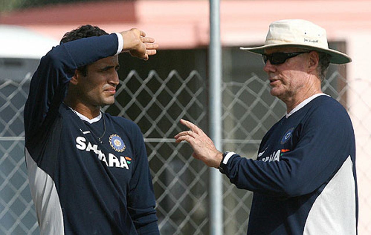 Greg Chappell has a word with Irfan Pathan, Sir Frank Worell Ground, Port-of-Spain, March 13, 2007