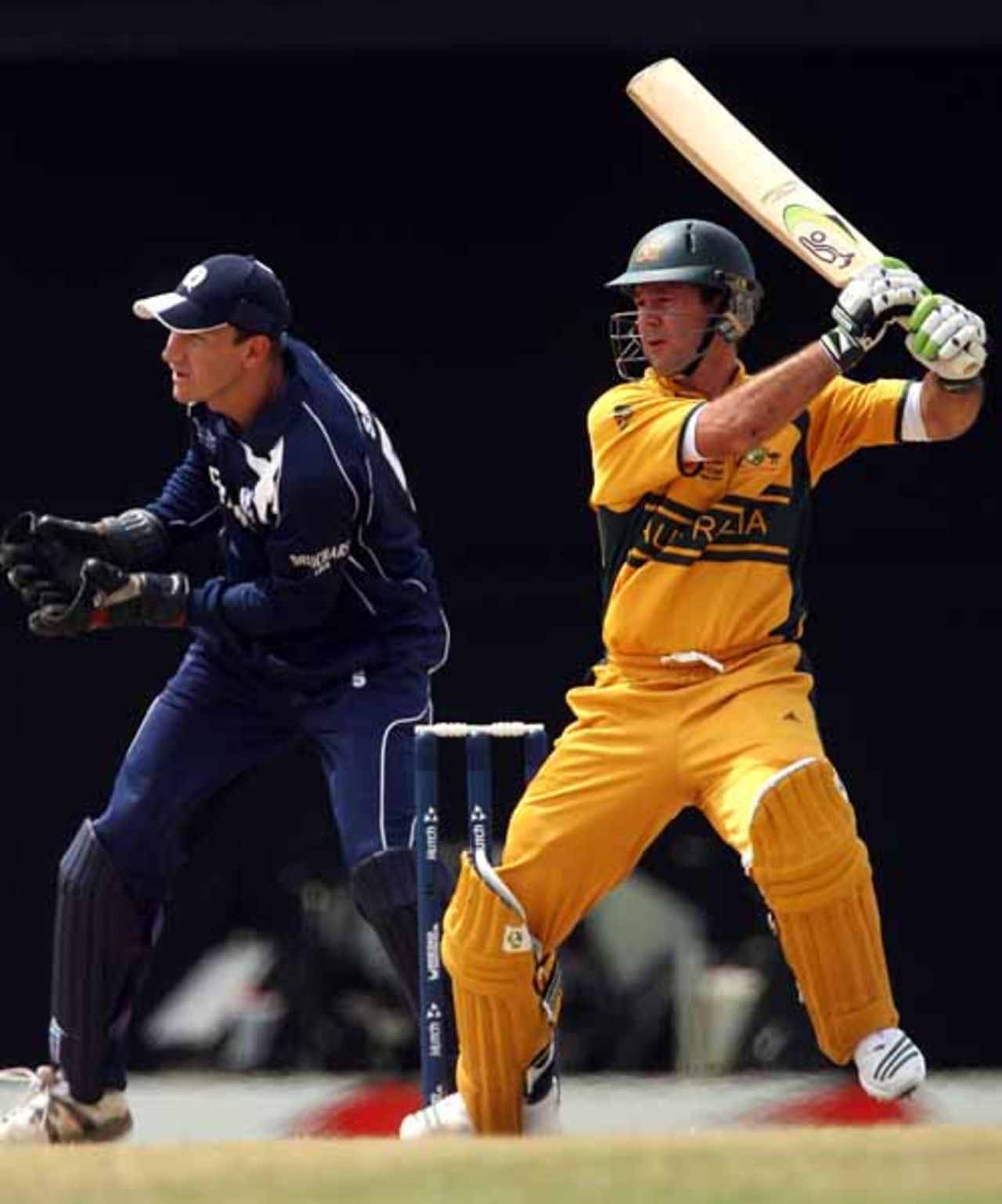 Ricky Ponting flays one to the off side during his aggressive knock, Australia v Scotland, Group A, Basseterre, 2007 World Cup, March 14, 2007