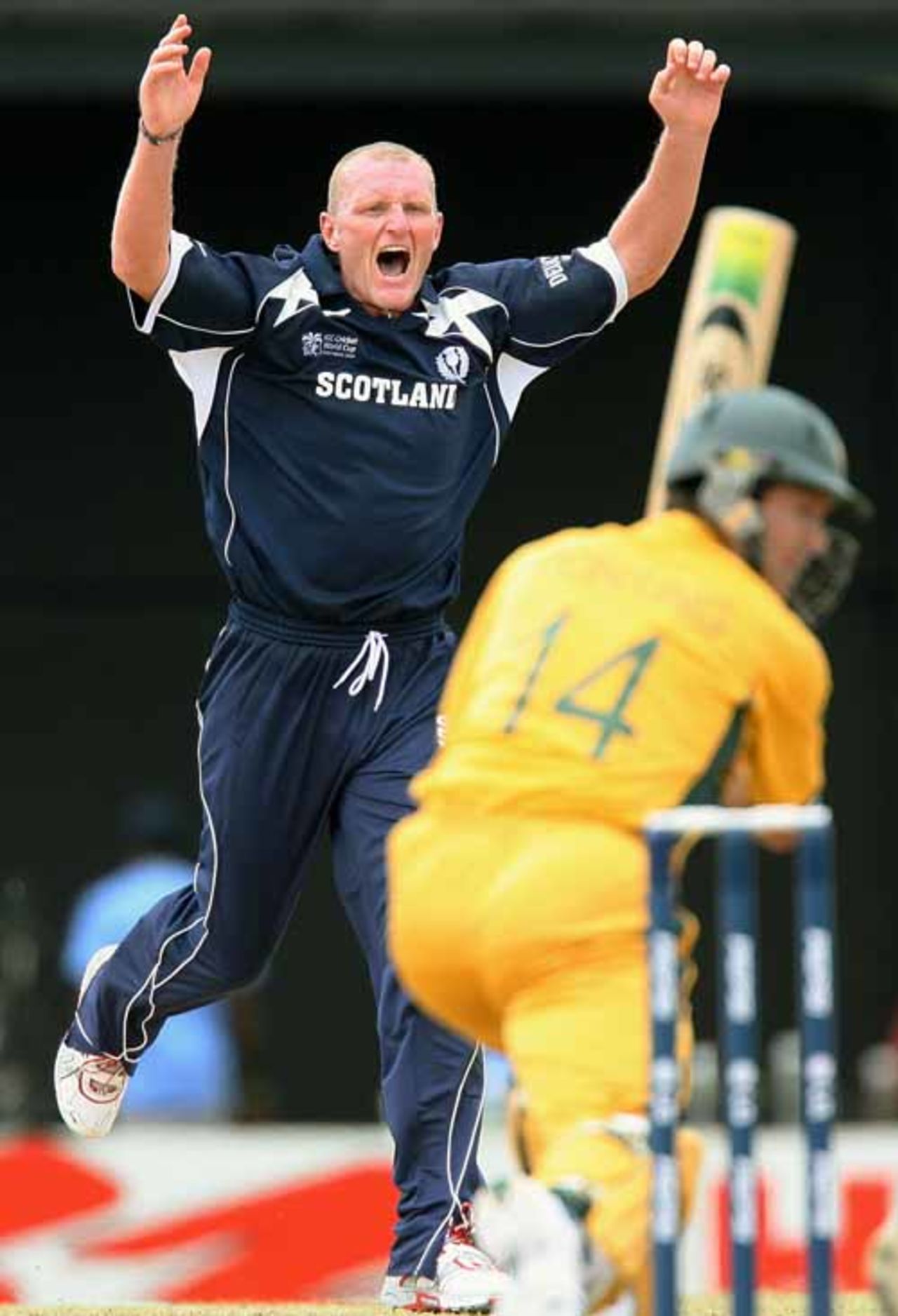 Dougie Brown reacts after a close call against Ricky Ponting, Australia v Scotland, Group A, Basseterre, 2007 World Cup, March 14, 2007