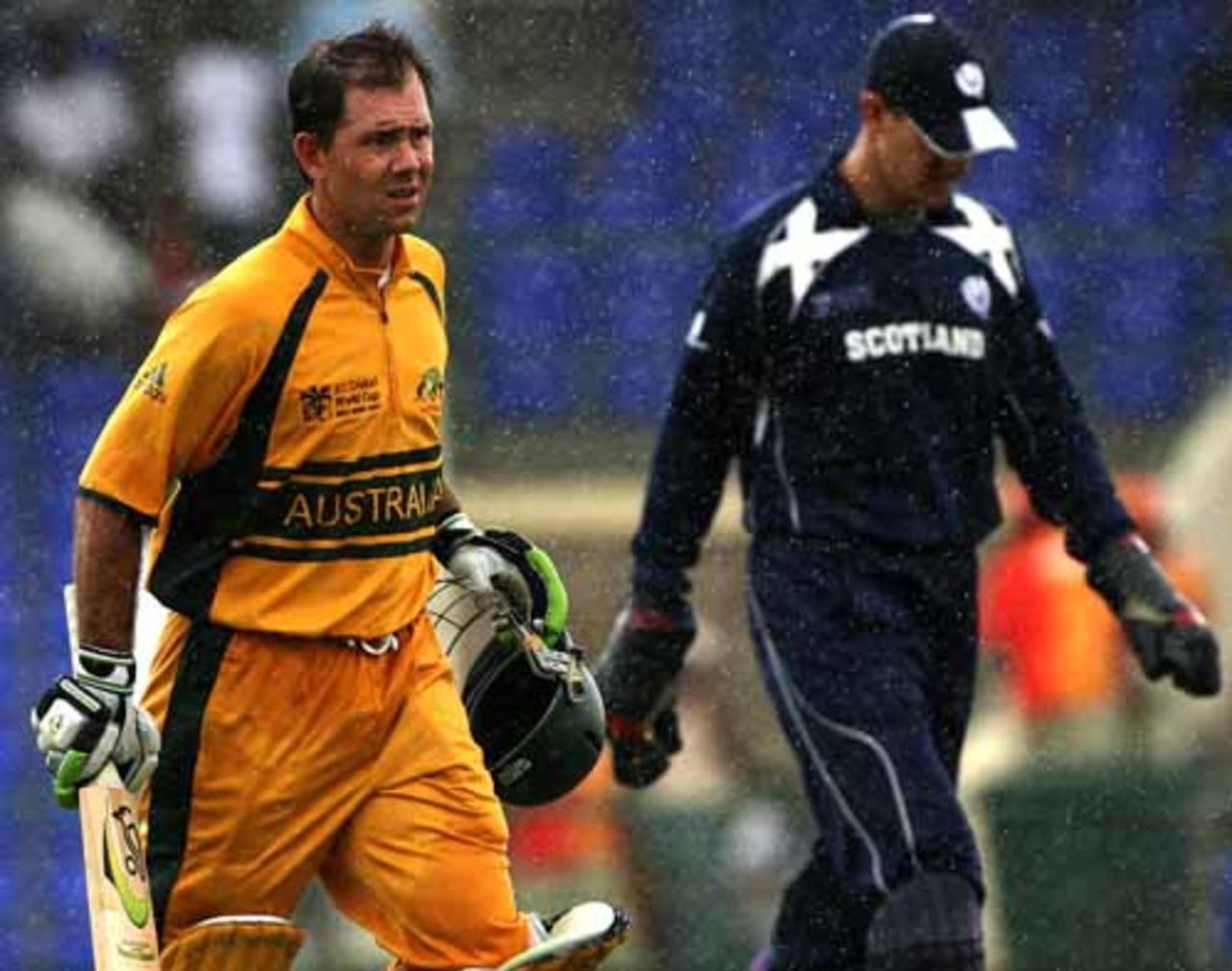 Ricky Ponting and Colin Smith walk off after a bout of showers interrupted play, Australia v Scotland, Group A, Basseterre, 2007 World Cup, March 14, 2007
