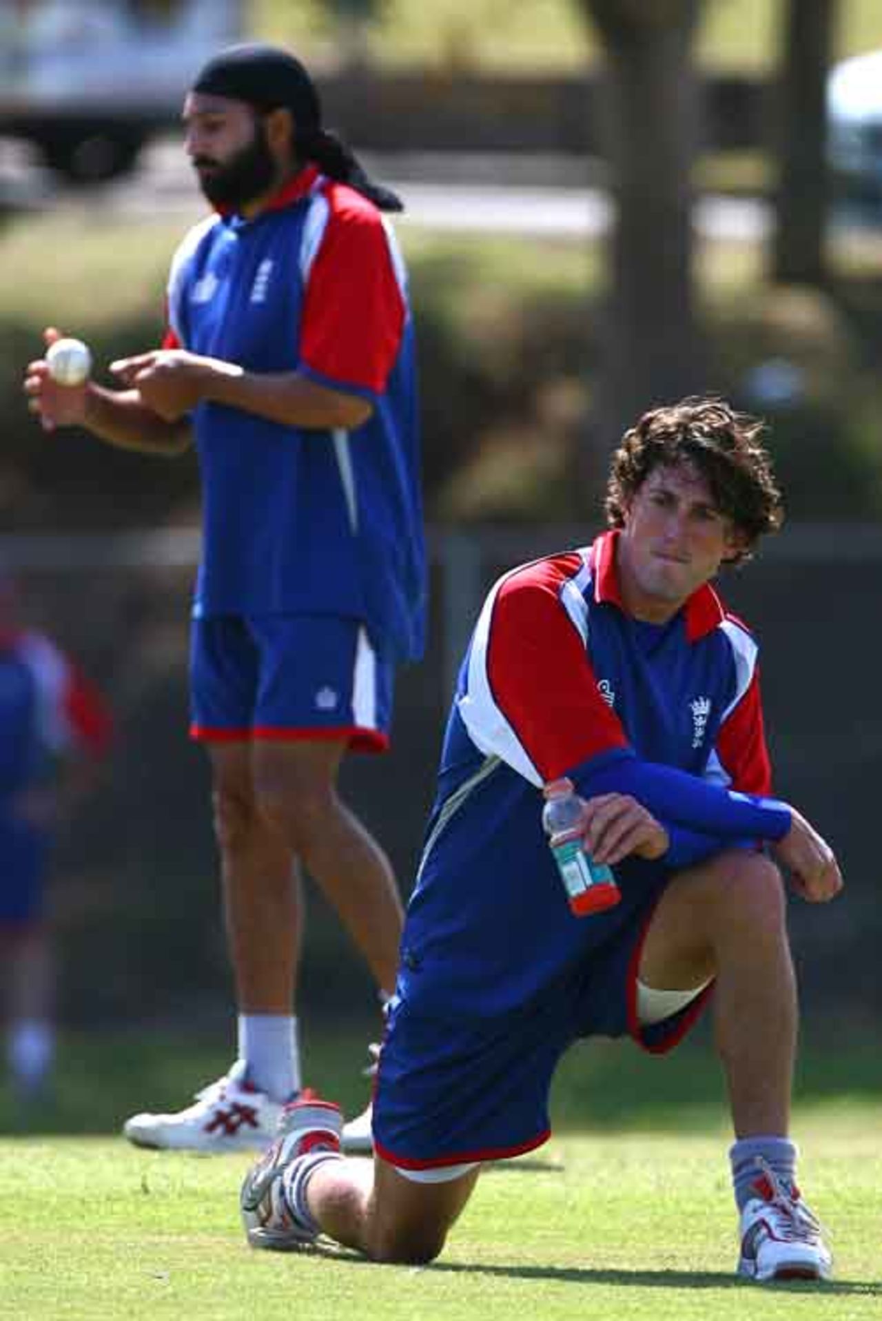 Jon Lewis and Monty Panesar warm-up during England's practice session, Gros Islet, March 14, 2007