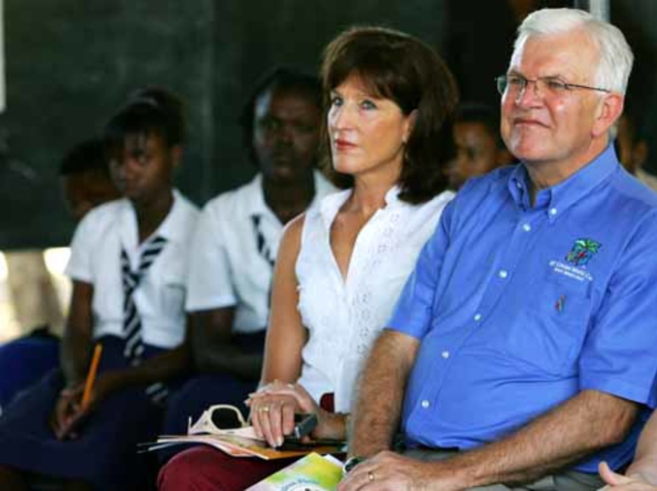 Malcom Speed and wife Allison visit a local school in Spanish Town, Jamaica, March 14, 2007