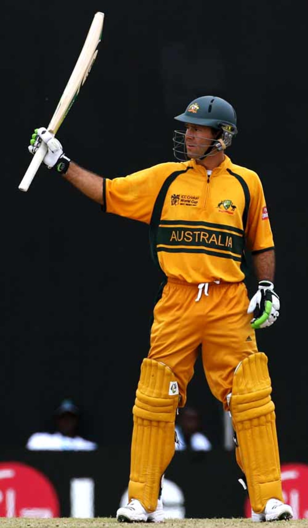 Ricky Ponting raises his bat after reaching his 23rd ODI century, Australia v Scotland, Group A, Basseterre, 2007 World Cup, March 14, 2007