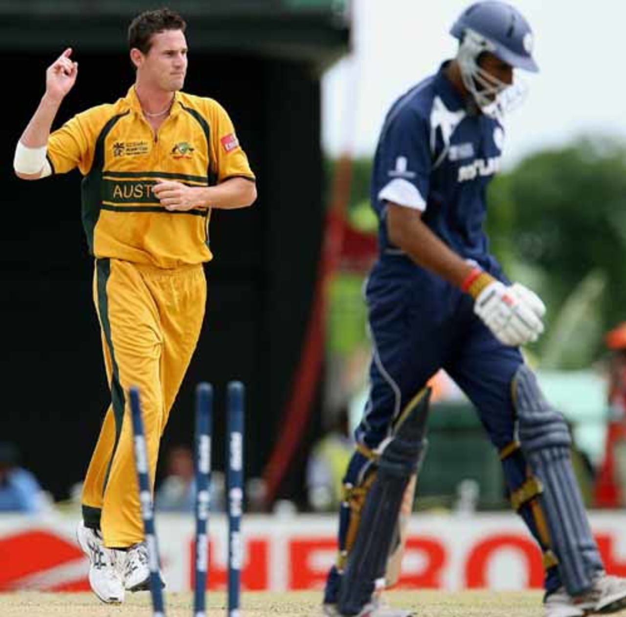 Shaun Tait castles Navdeep Poonia with a screaming yorker, Australia v Scotland, Group A, Basseterre, 2007 World Cup, March 14, 2007