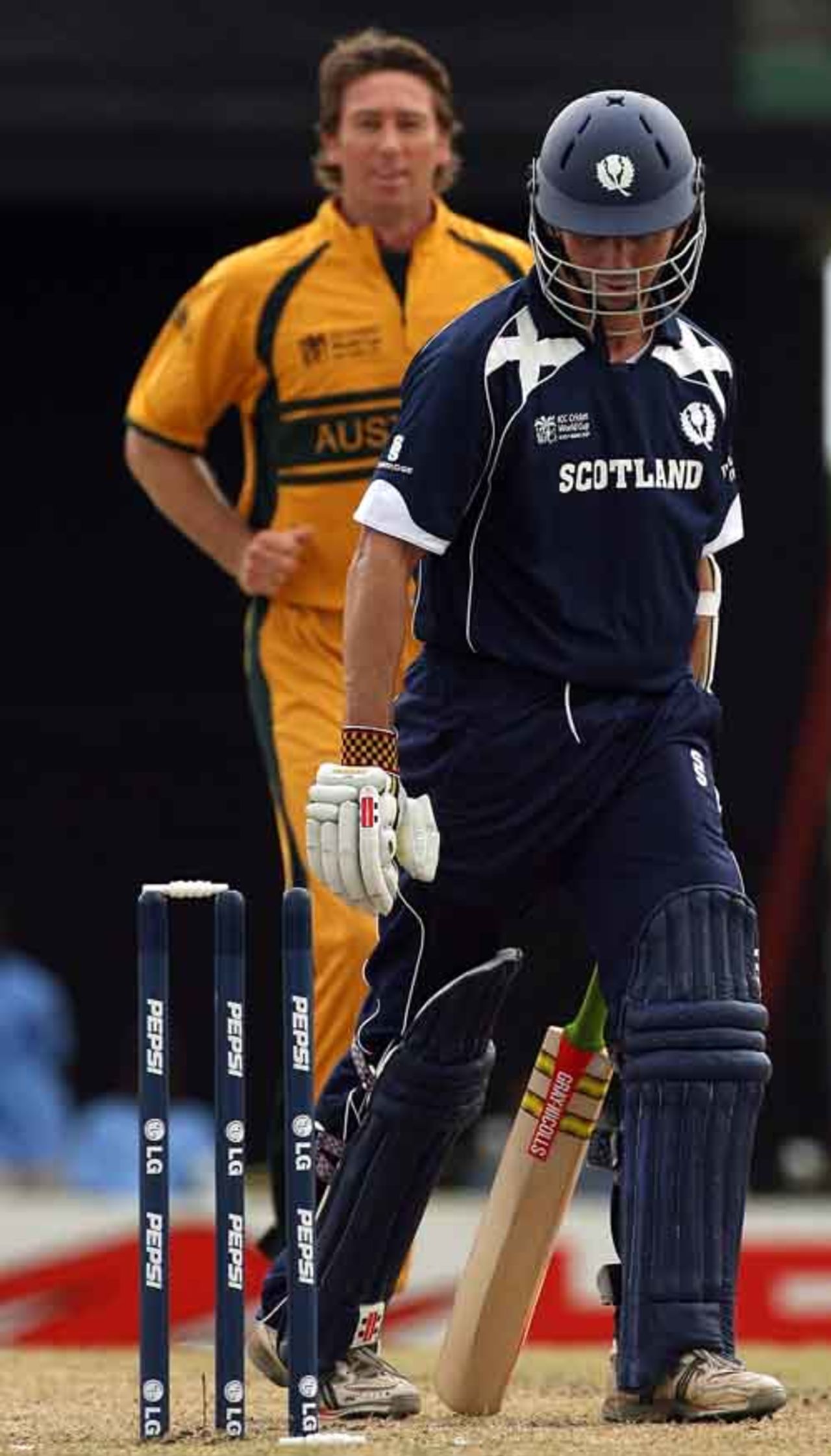 Fraser Watts had no answer to a sharp cutter from Glenn McGrath, Australia v Scotland, Group A, Basseterre, 2007 World Cup, March 14, 2007